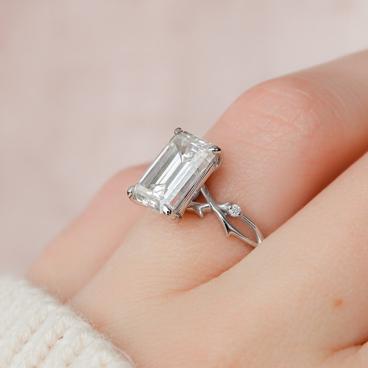 4.0CT Elongated Emerald Cut Twig Moissanite Diamond Engagement Ring