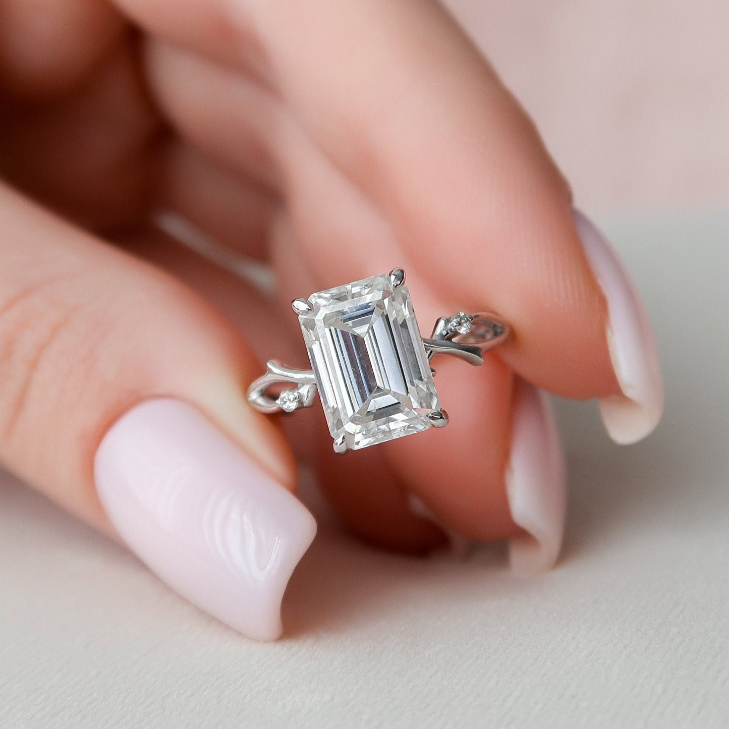 4.0CT Elongated Emerald Cut Twig Moissanite Diamond Engagement Ring