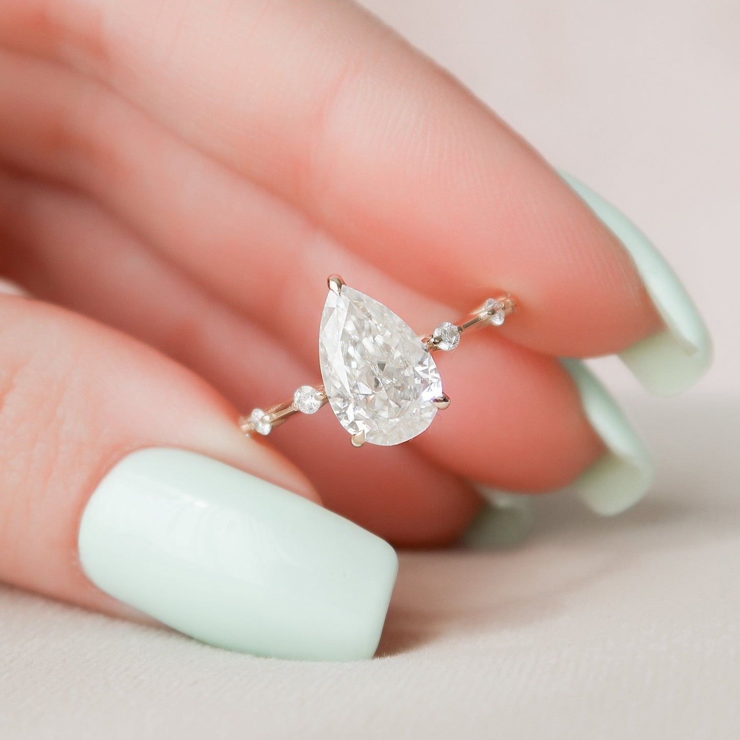 2.0CT Pear Cut Hidden Halo Moissanite Diamond Petite Pave Engagement Ring