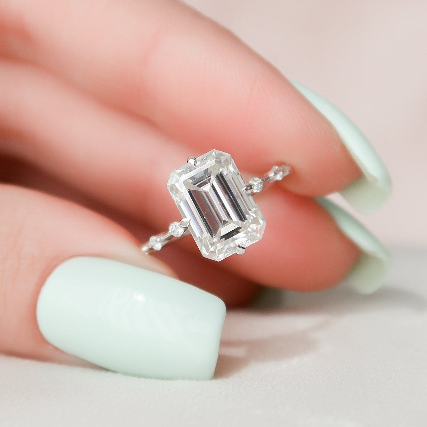 3.0CT Emerald Cut Petite Pave Moissanite Diamond Engagement Ring For Women