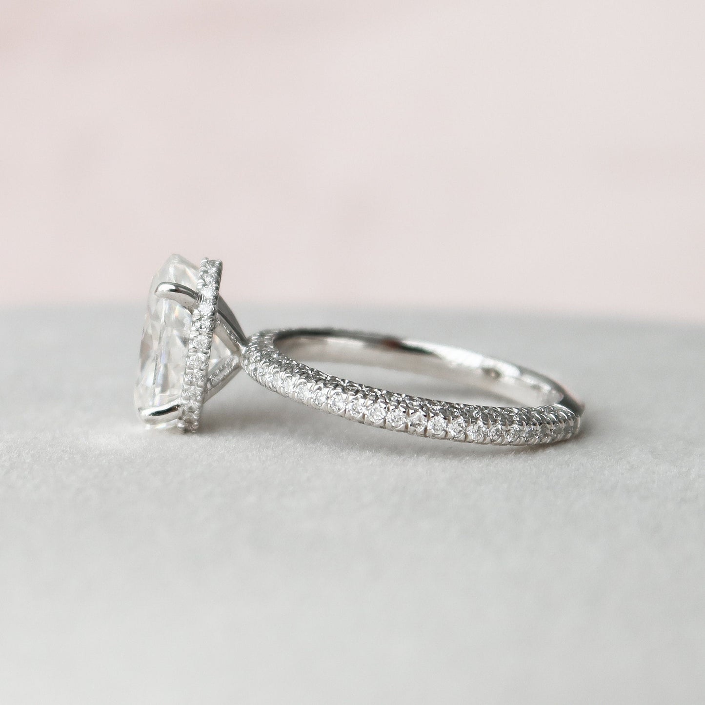 3.0CT Oval Cut Hidden Halo Moissanite Diamond Three Side Pave Engagement Ring