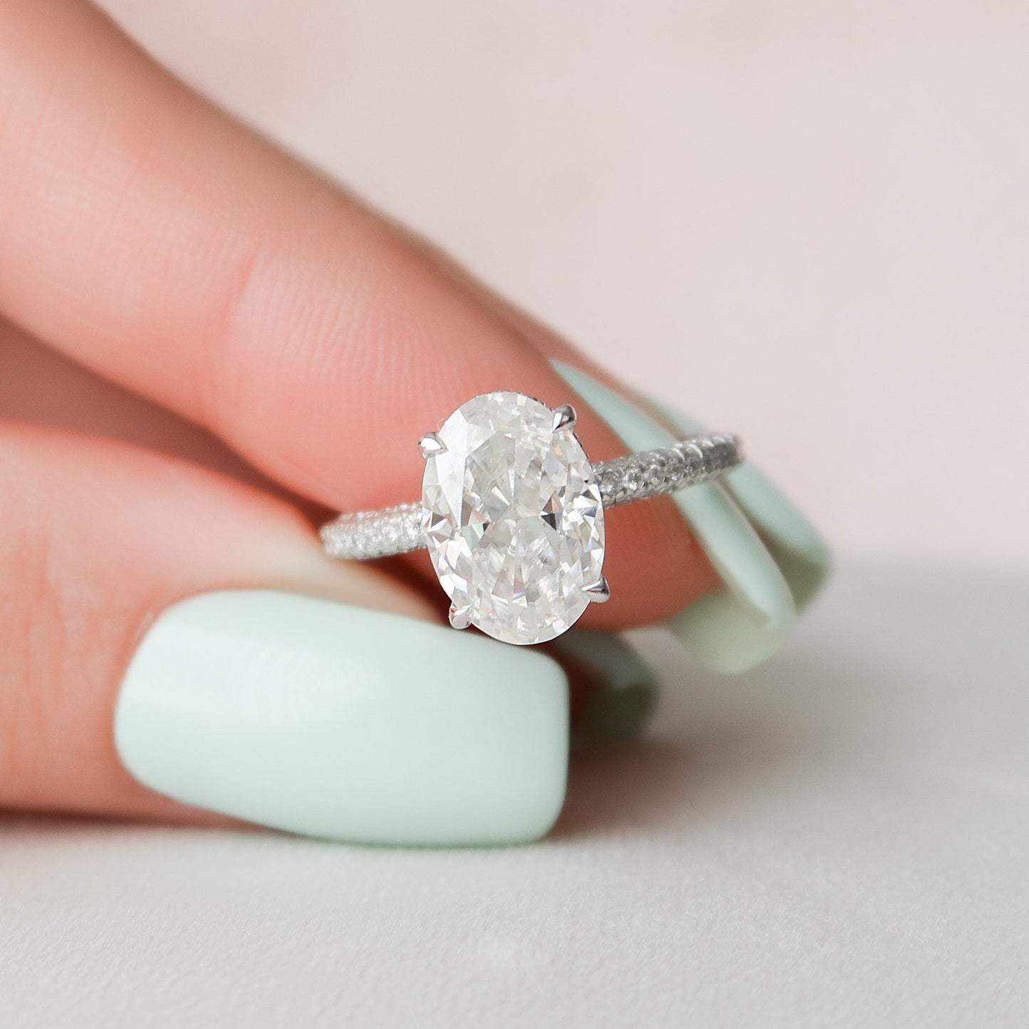 3.0CT Oval Cut Hidden Halo Moissanite Diamond Three Side Pave Engagement Ring