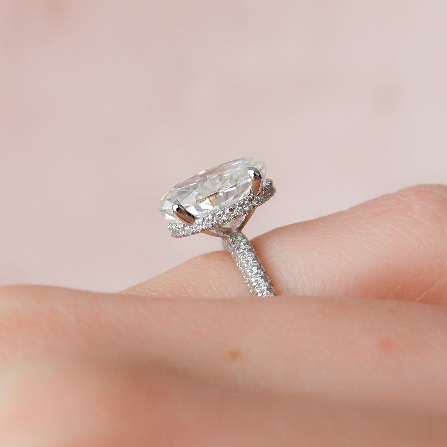 3.0CT Oval Cut Hidden Halo Moissanite Diamond Three Side Pave Engagement Ring