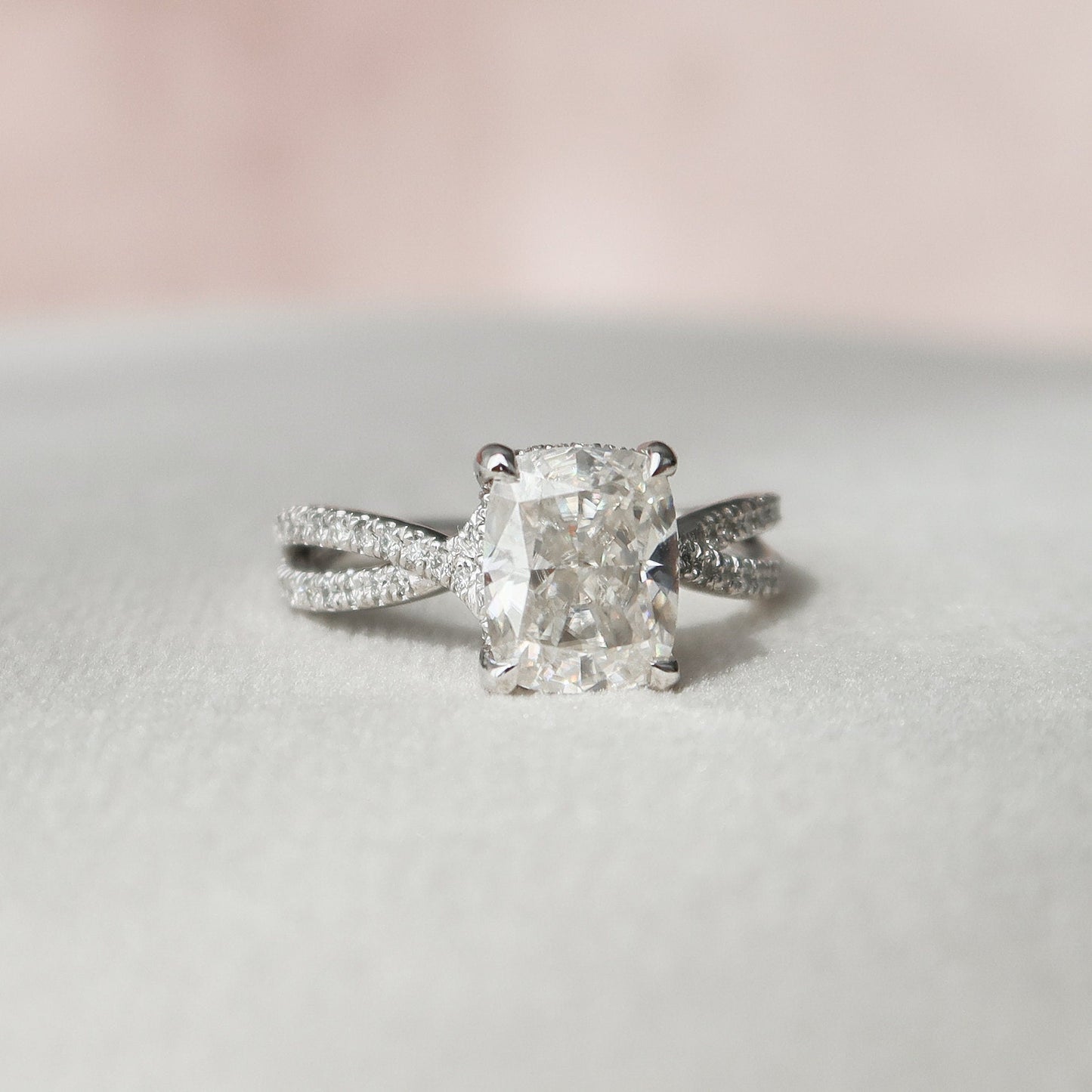 2.0CT Elongated Cushion Cut Split Shank Moissanite Diamond Hidden Halo Engagement Ring