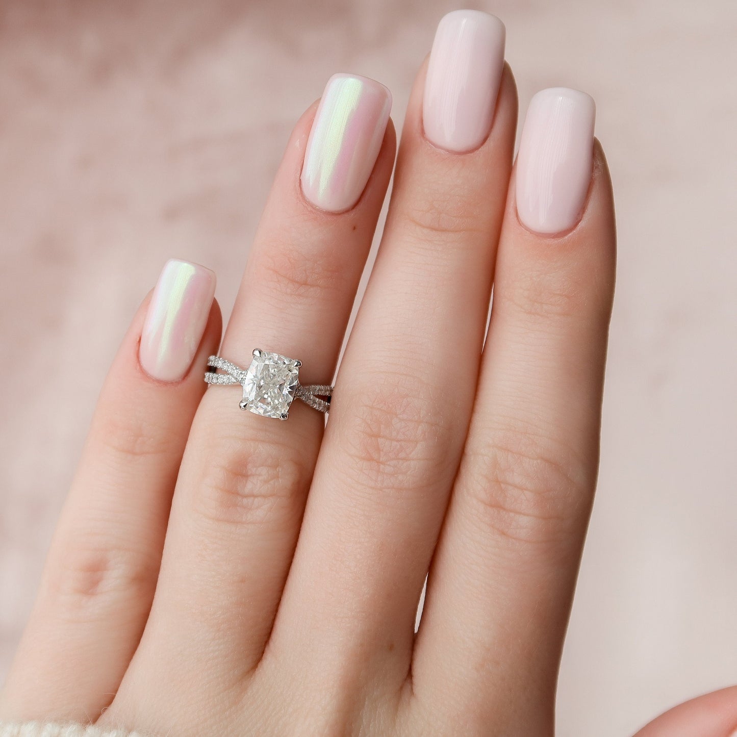 2.0CT Elongated Cushion Cut Split Shank Moissanite Diamond Hidden Halo Engagement Ring