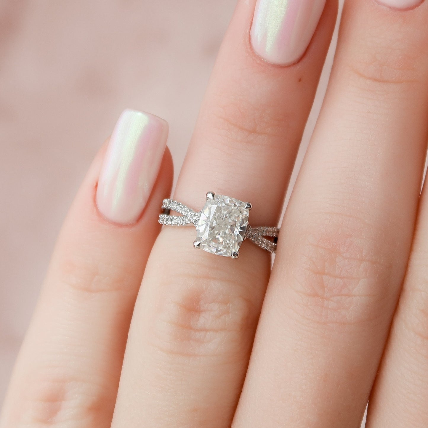 2.0CT Elongated Cushion Cut Split Shank Moissanite Diamond Hidden Halo Engagement Ring