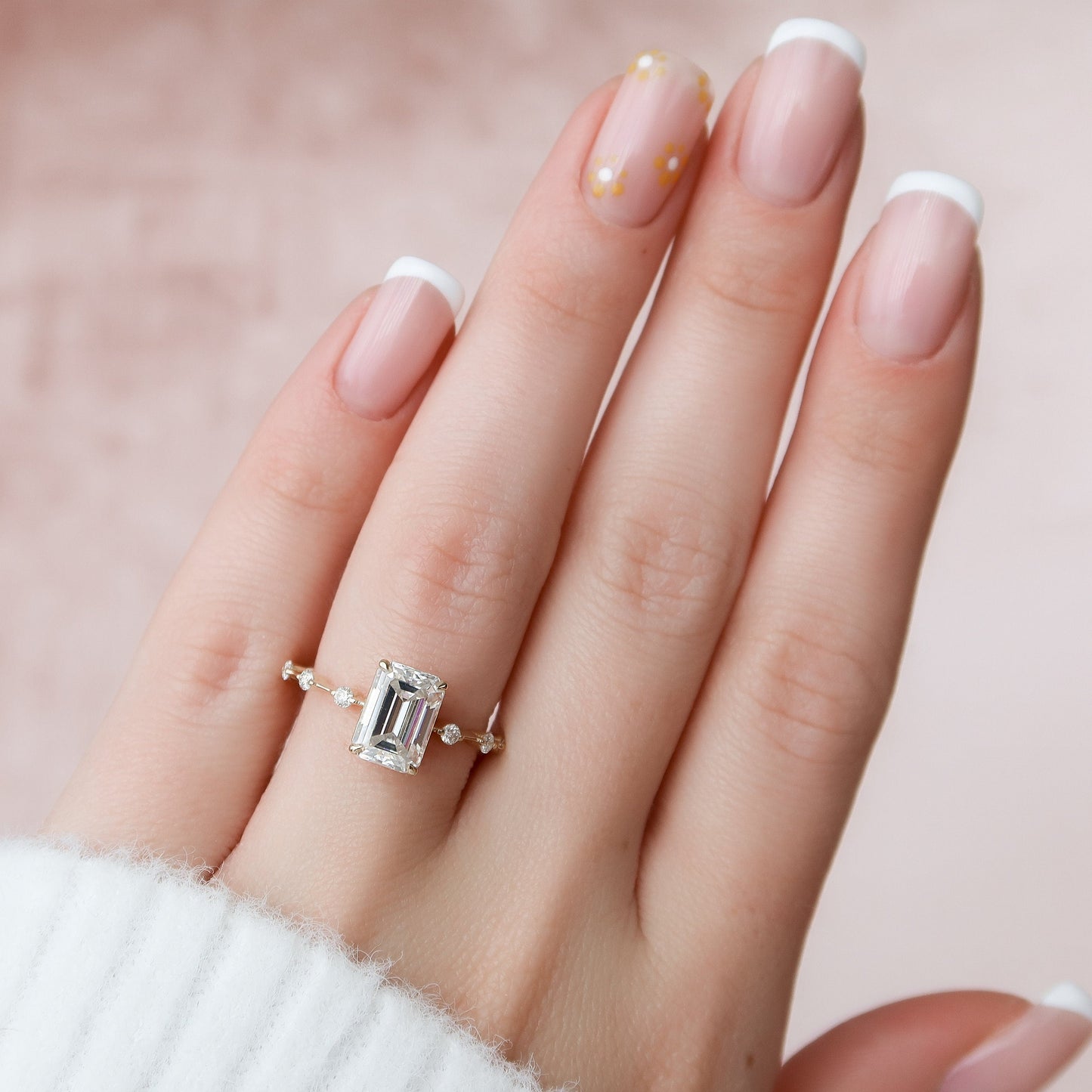 2.50CT Emerald Cut Petite Pave Moissanite Diamond Engagement Ring