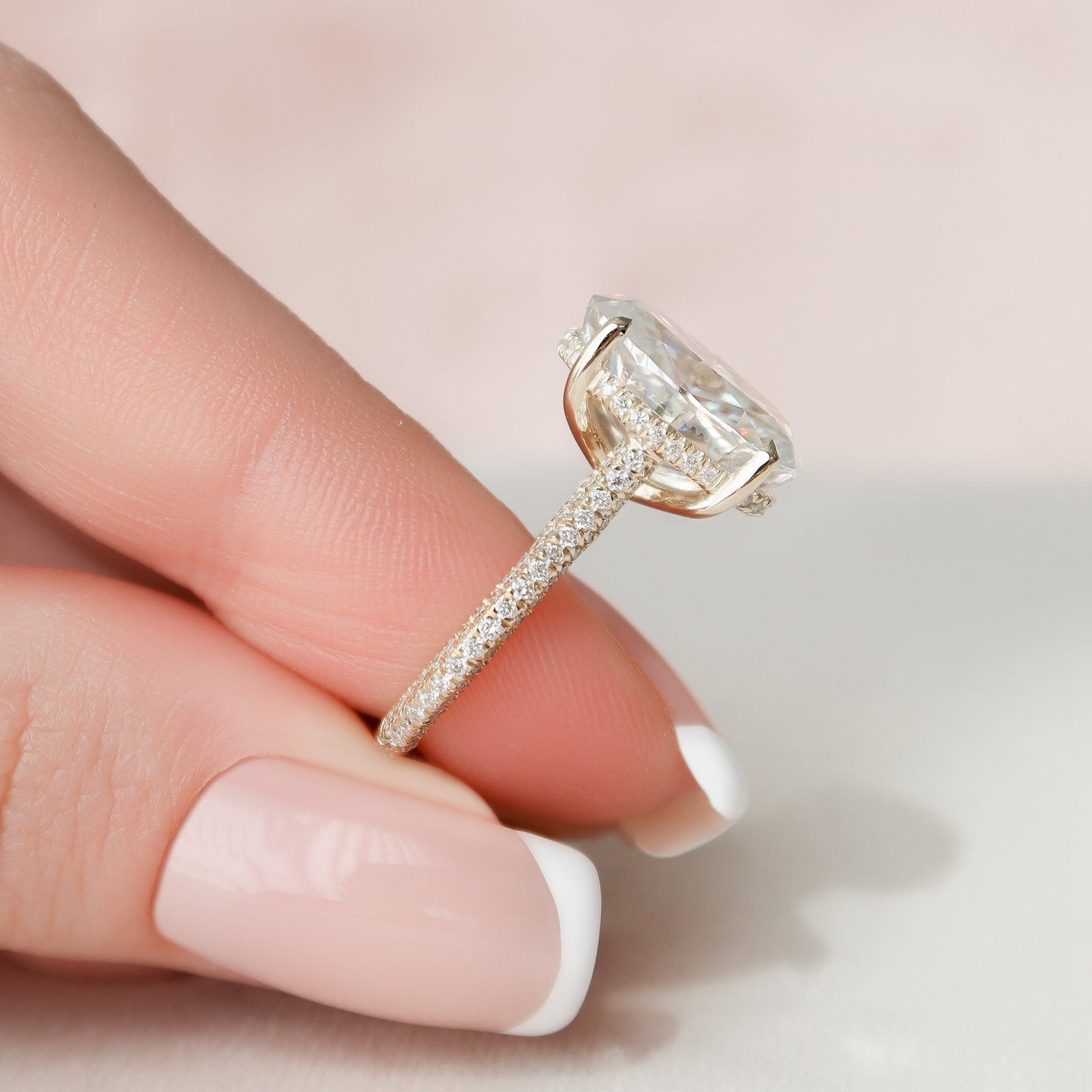 5.0CT Oval Cut Three Side Pave Moissanite Diamond Hidden Halo Engagement Ring