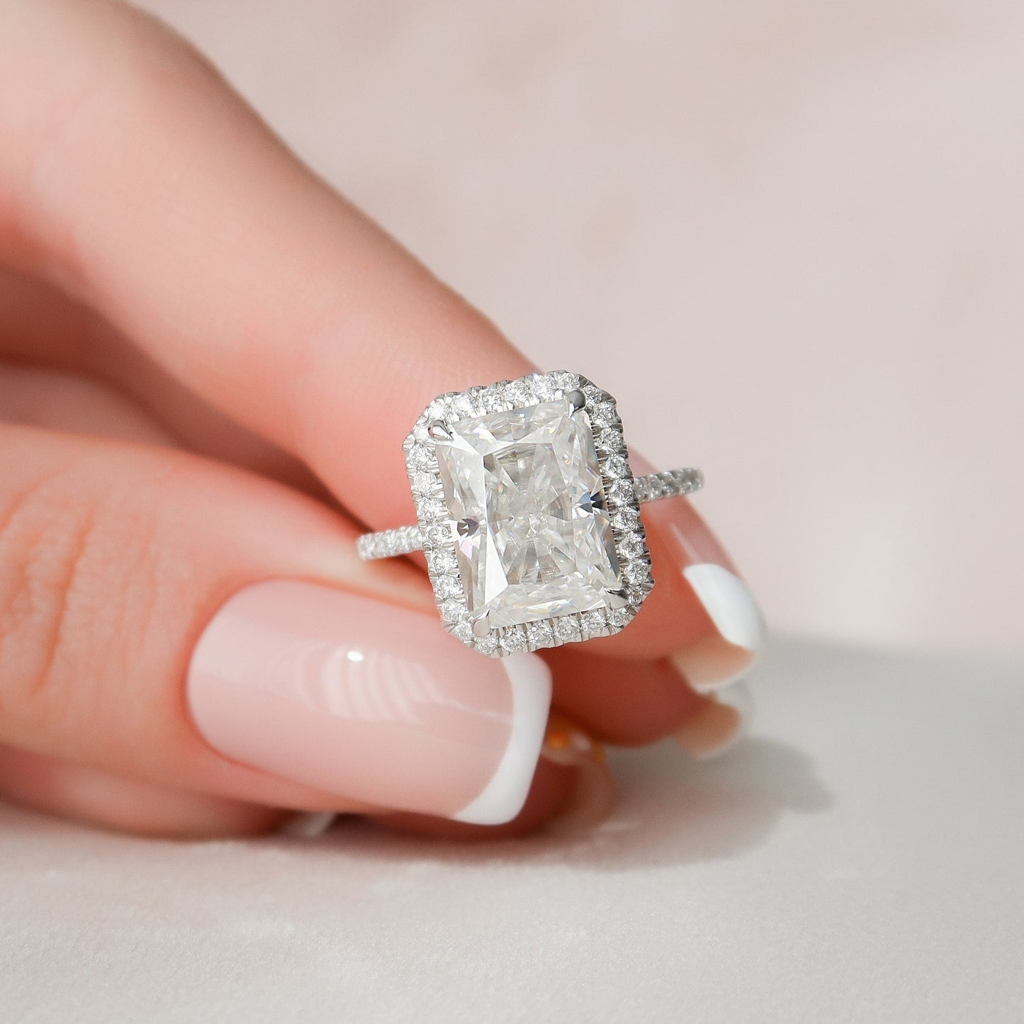 5.0CT Radiant Cut Halo Moissanite Diamond Pave Engagement Ring