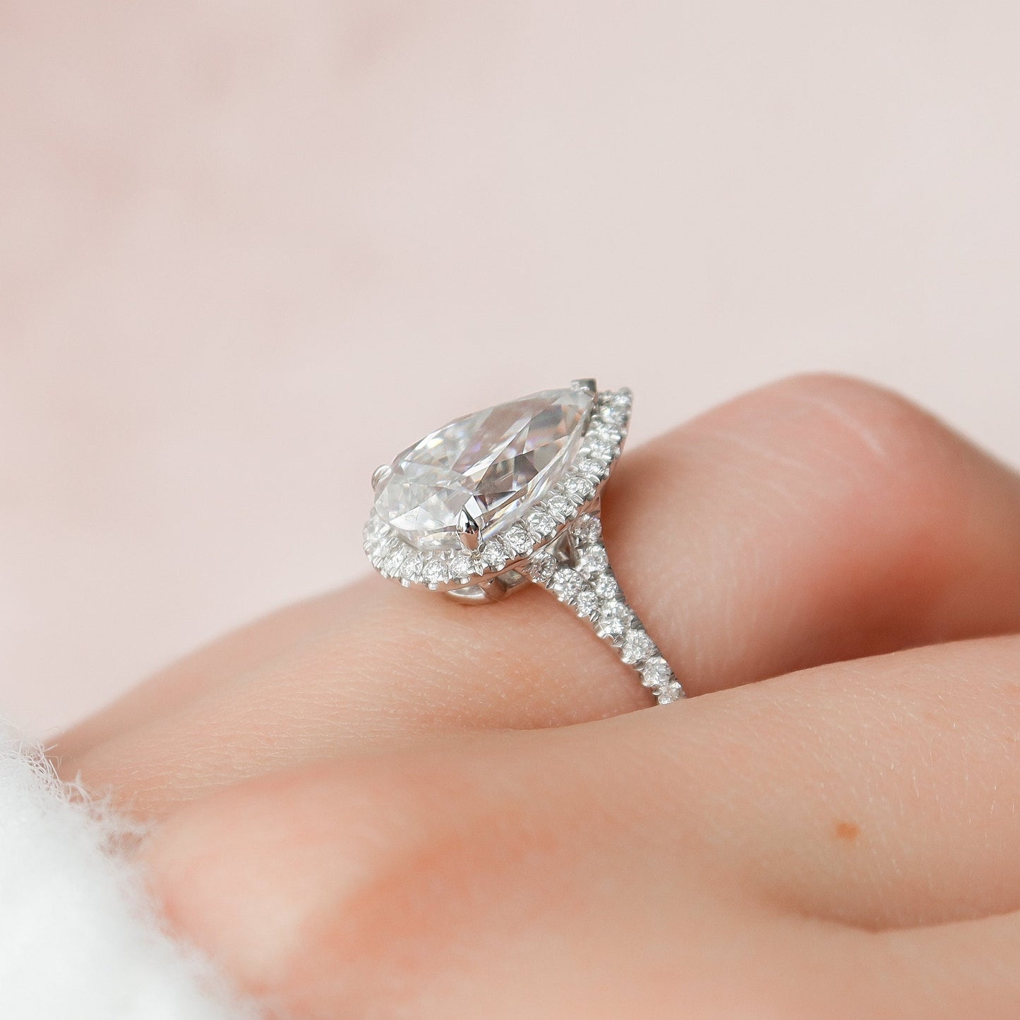3.0CT Pear Shaped Halo Moissanite Diamond Engagement Ring