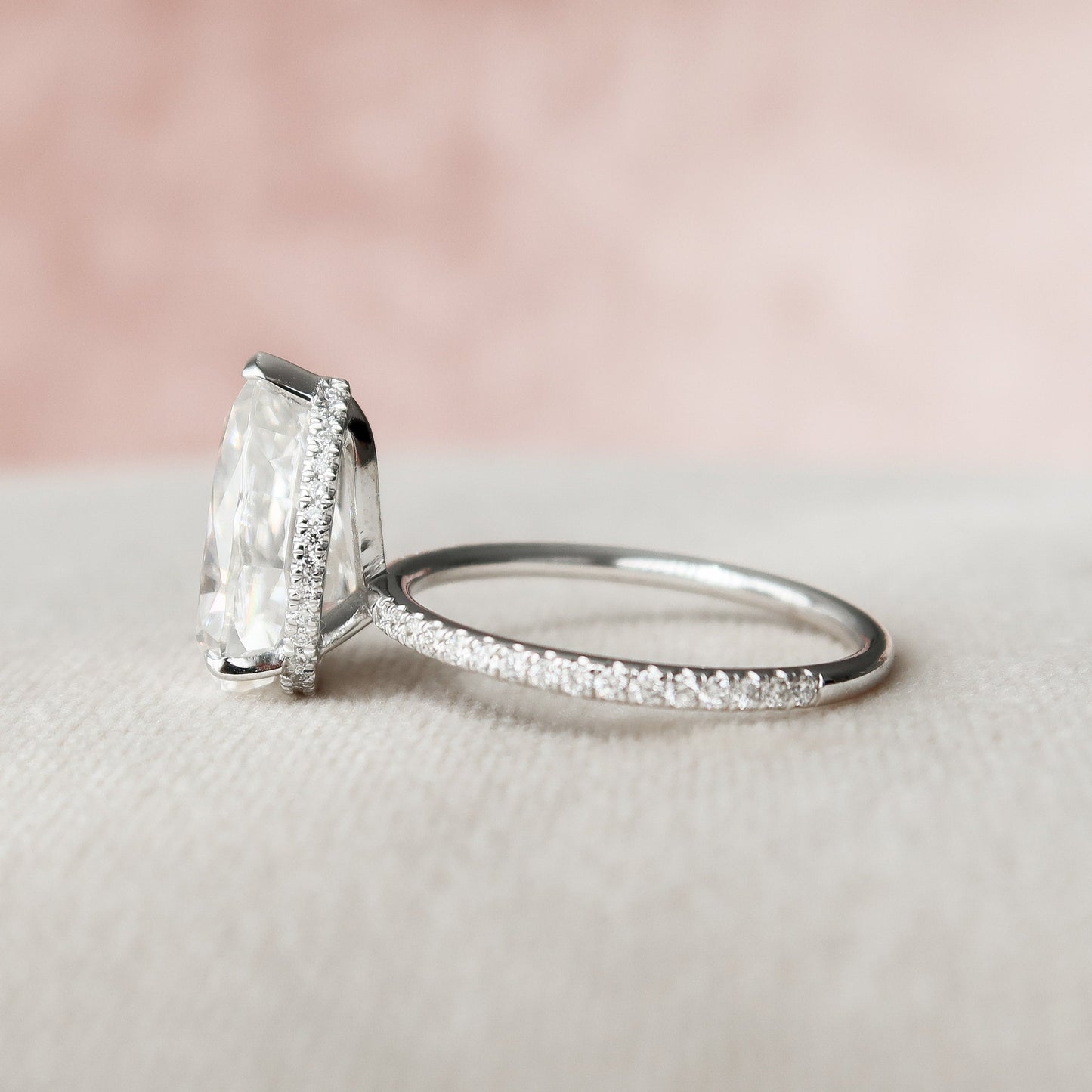 3.0CT Pear Cut Hidden Halo Moissanite Diamond Pave Engagement Ring