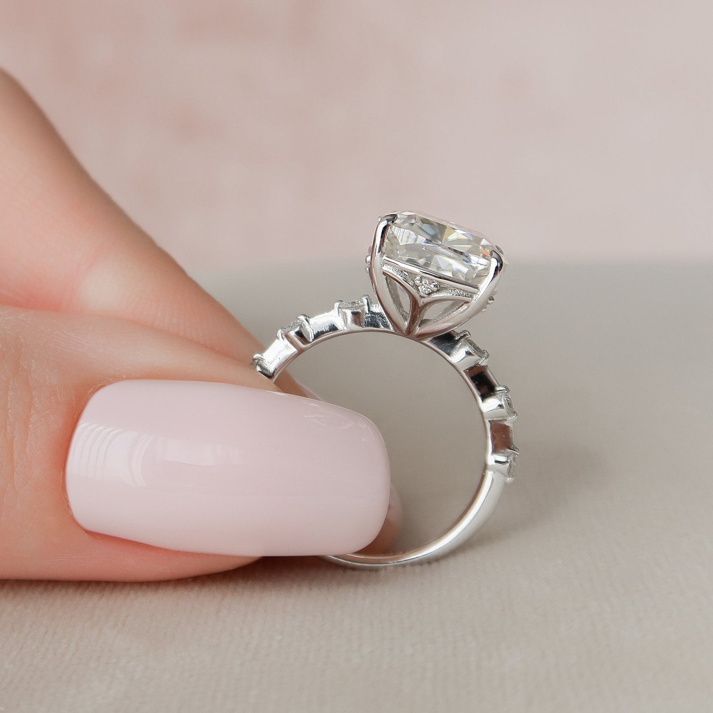 5.0CT Cushion Cut Petite Pave Moissanite Diamond Engagement Ring