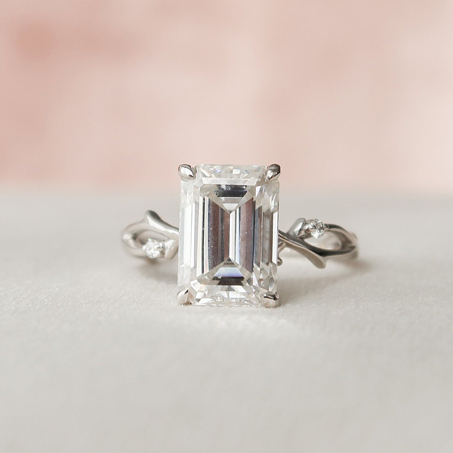 4.0CT Elongated Emerald Cut Twig Moissanite Diamond Engagement Ring