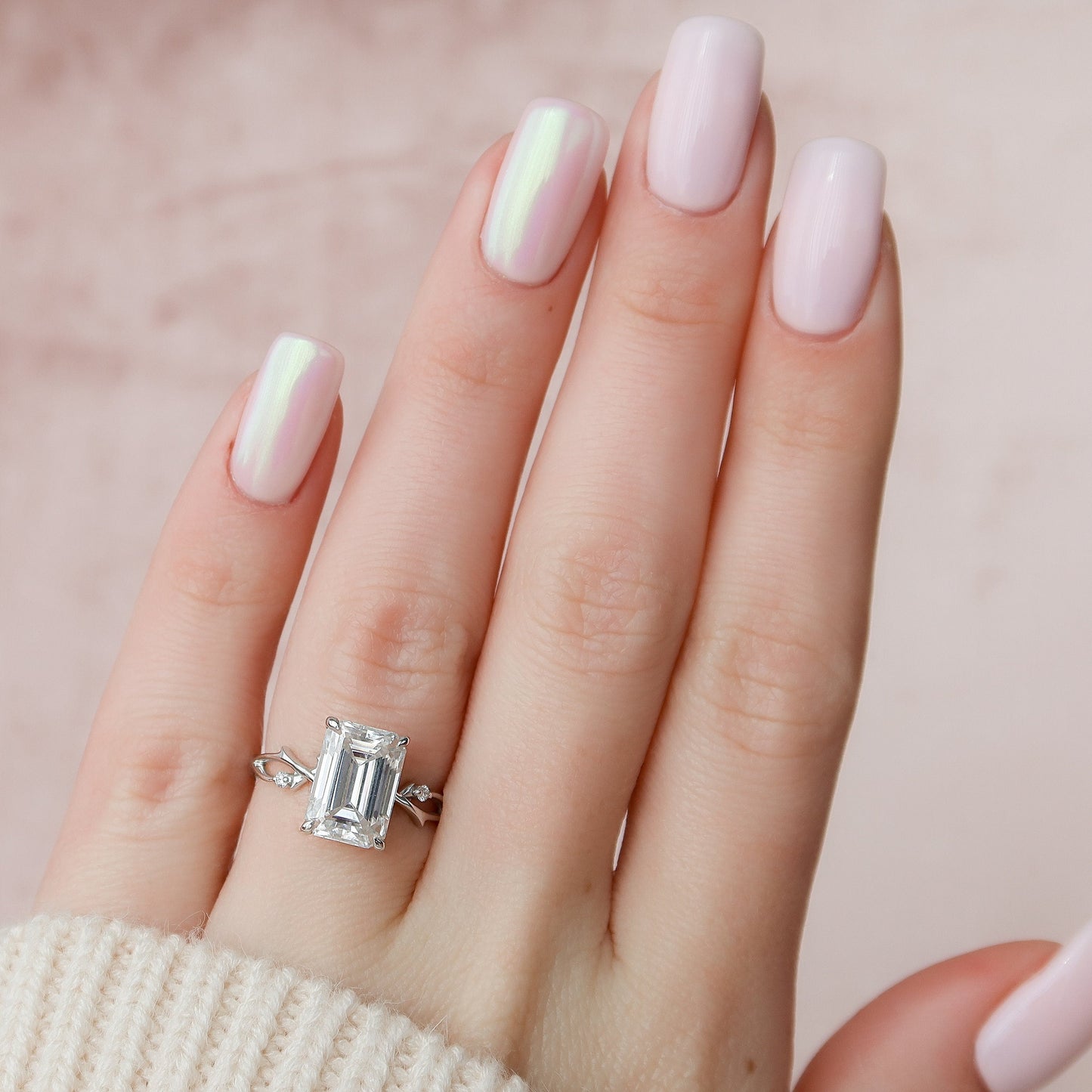 4.0CT Elongated Emerald Cut Twig Moissanite Diamond Engagement Ring