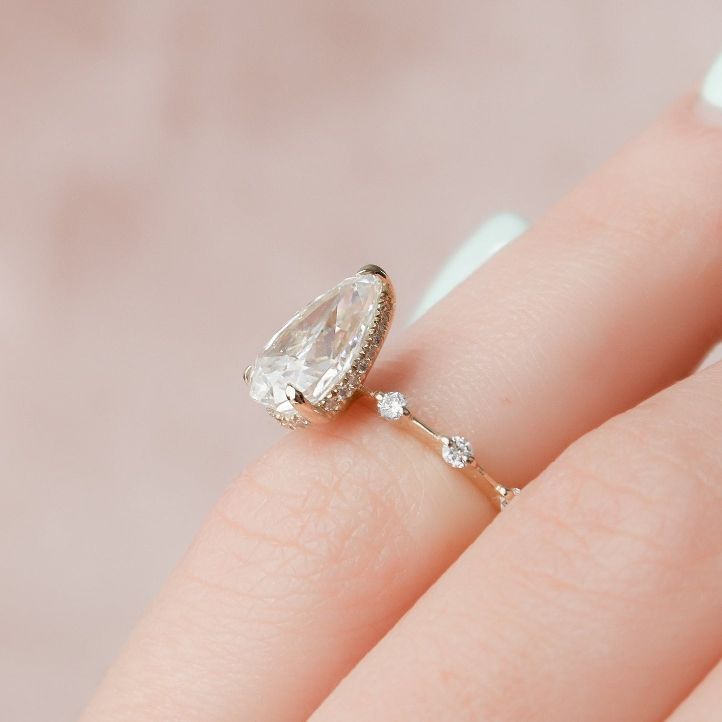 2.0CT Pear Cut Hidden Halo Moissanite Diamond Petite Pave Engagement Ring
