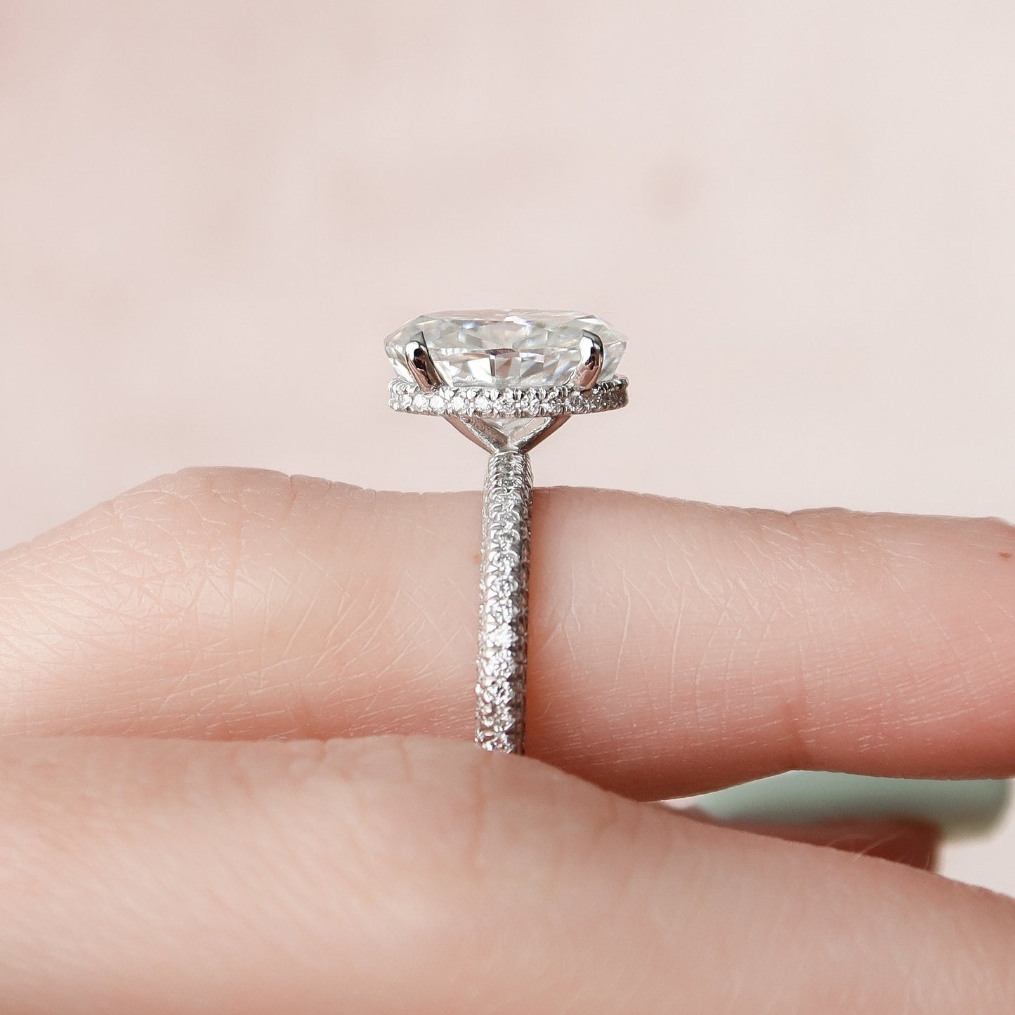 3.0CT Oval Cut Hidden Halo Moissanite Diamond Three Side Pave Engagement Ring