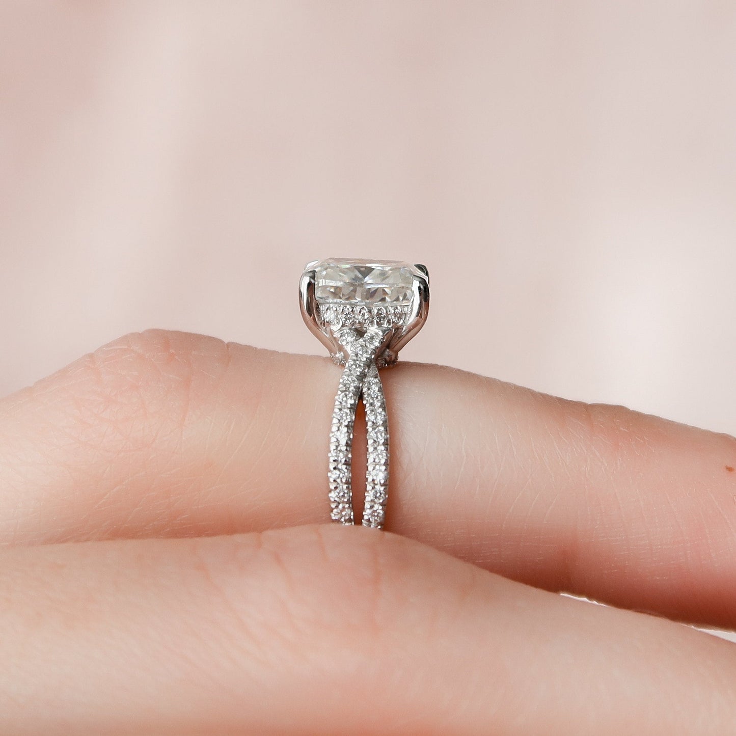 2.0CT Elongated Cushion Cut Split Shank Moissanite Diamond Hidden Halo Engagement Ring