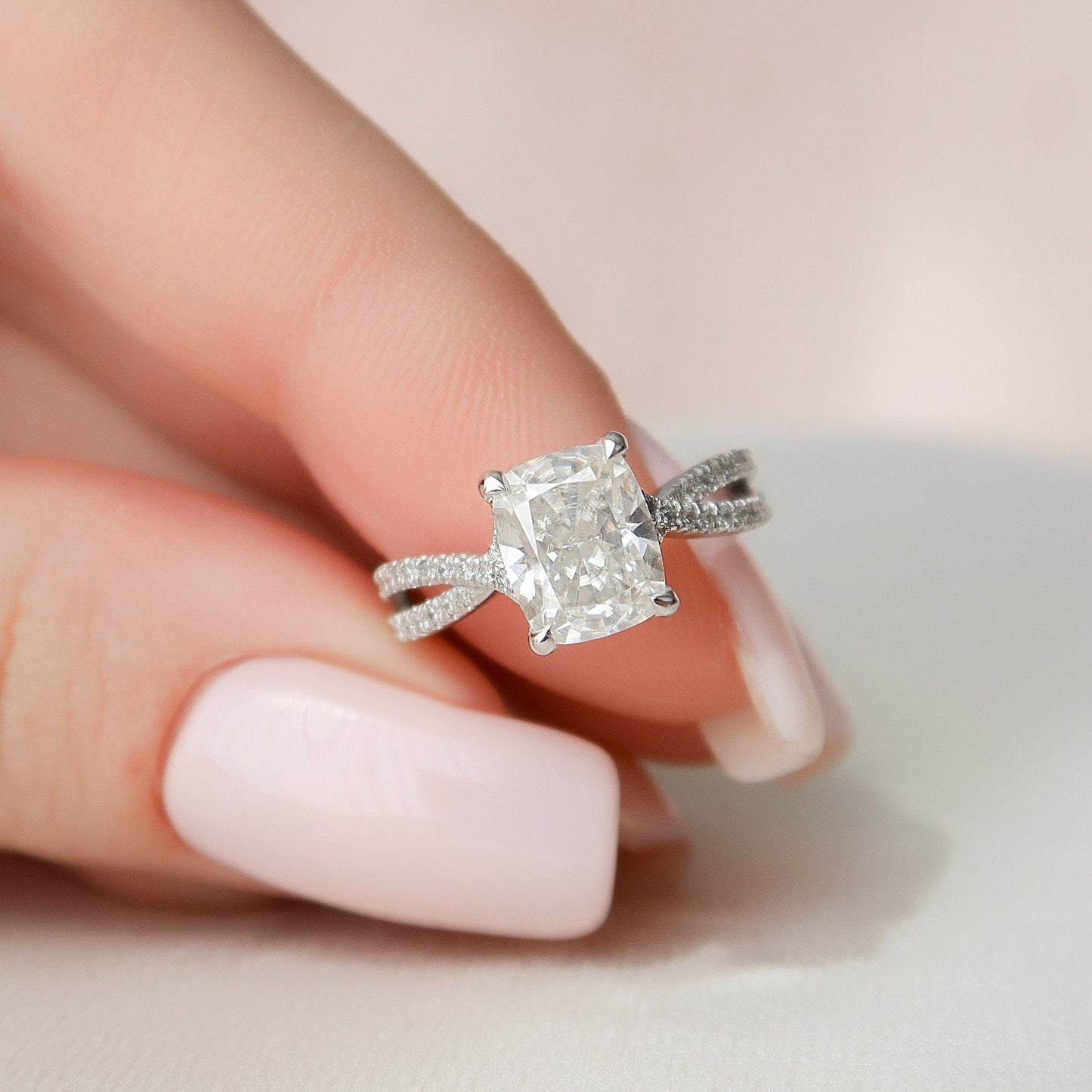 2.0CT Elongated Cushion Cut Split Shank Moissanite Diamond Hidden Halo Engagement Ring