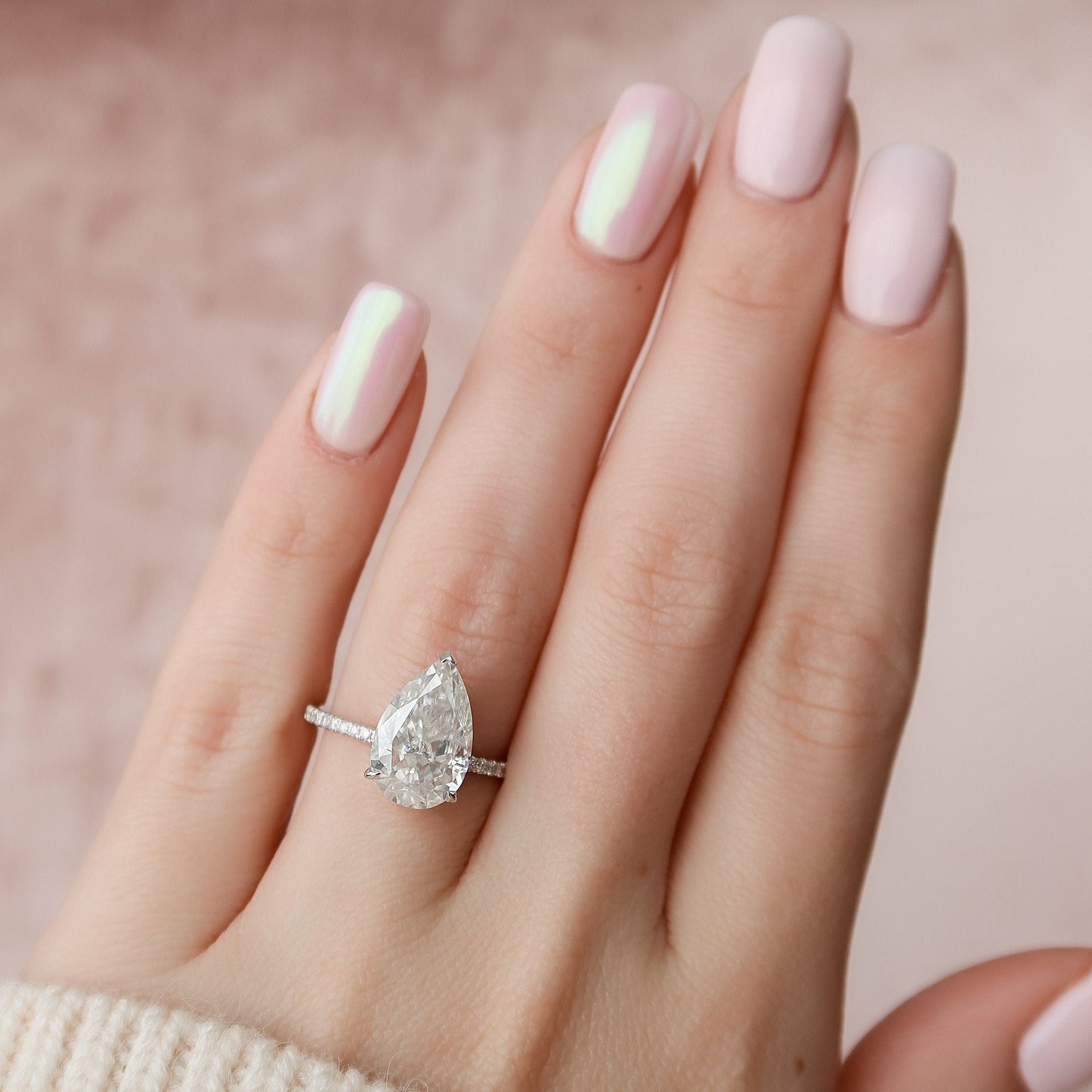 3.0CT Pear Cut Hidden Halo Moissanite Diamond Pave Engagement Ring