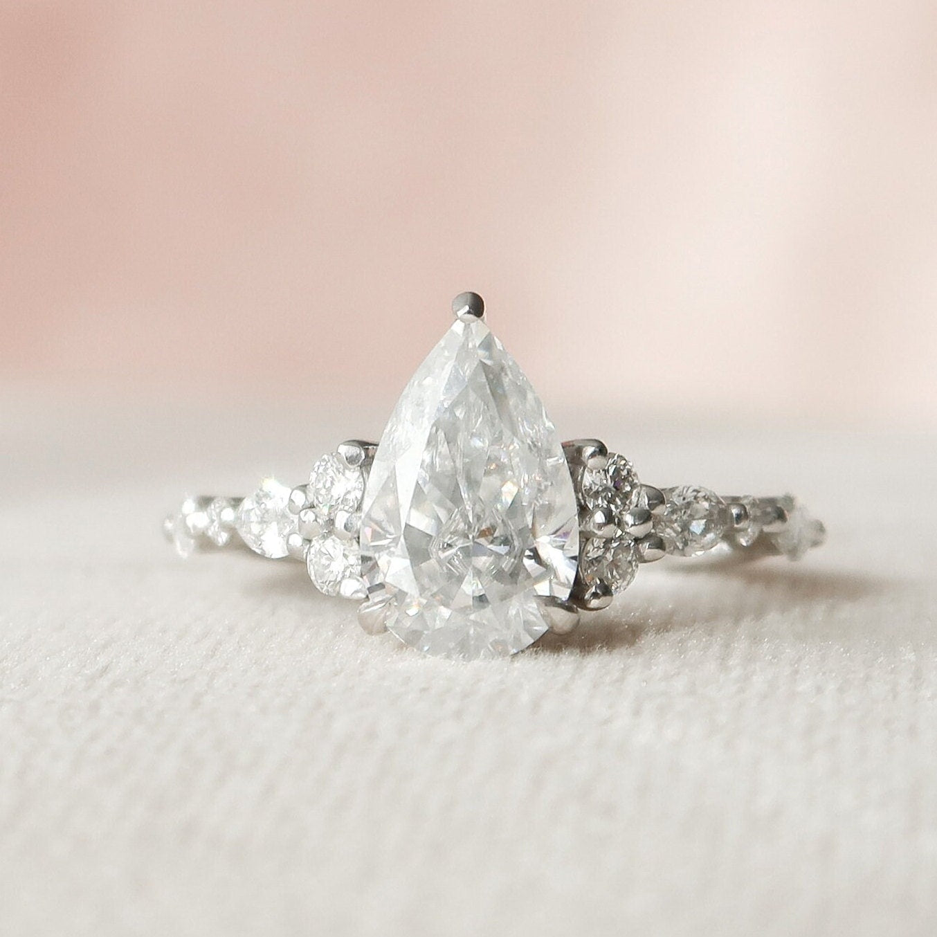 1.50CT Pear Shaped Moissanite Cluster Engagement Ring