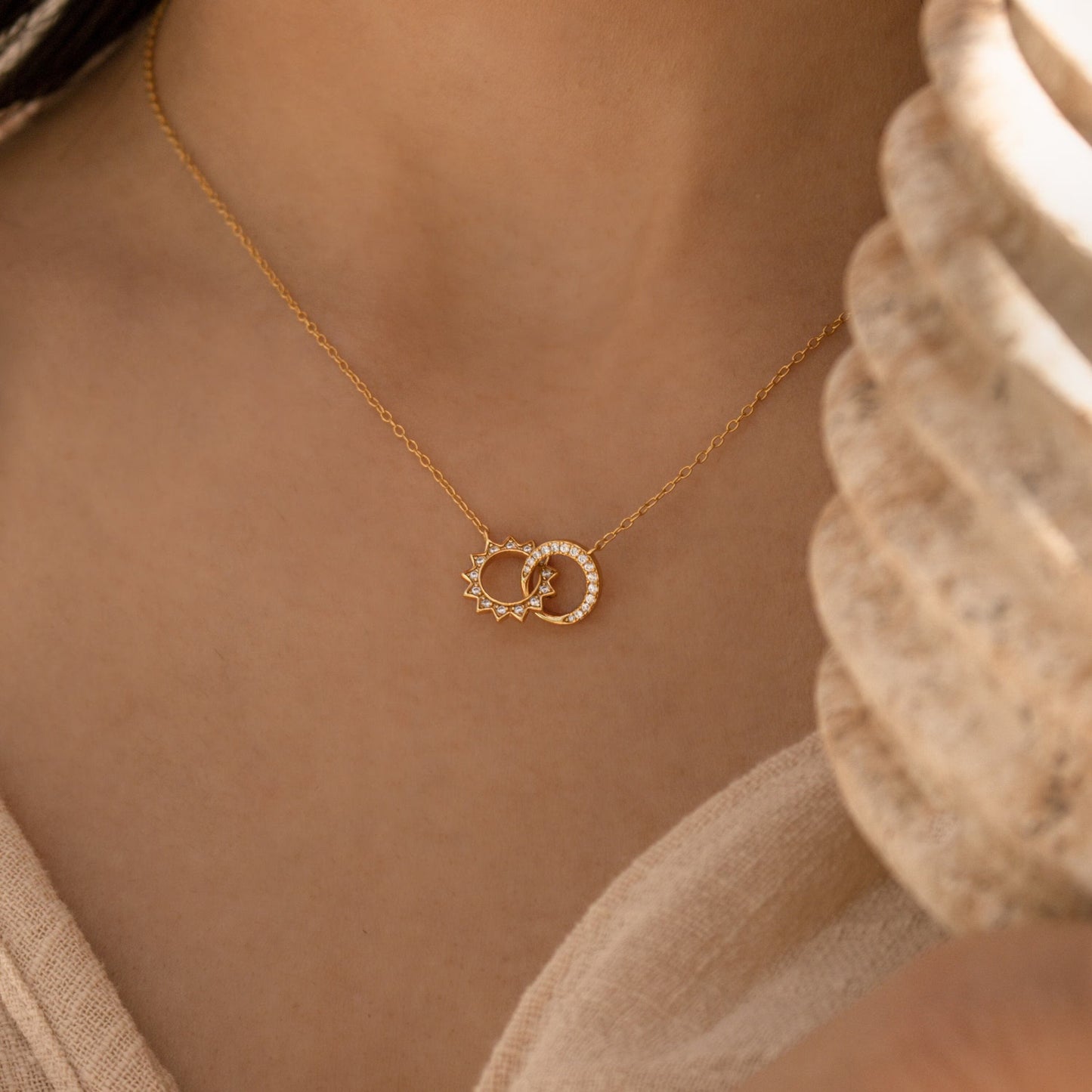 Sun & Moon Moissanite Diamond Eternity Necklace in Solid Gold