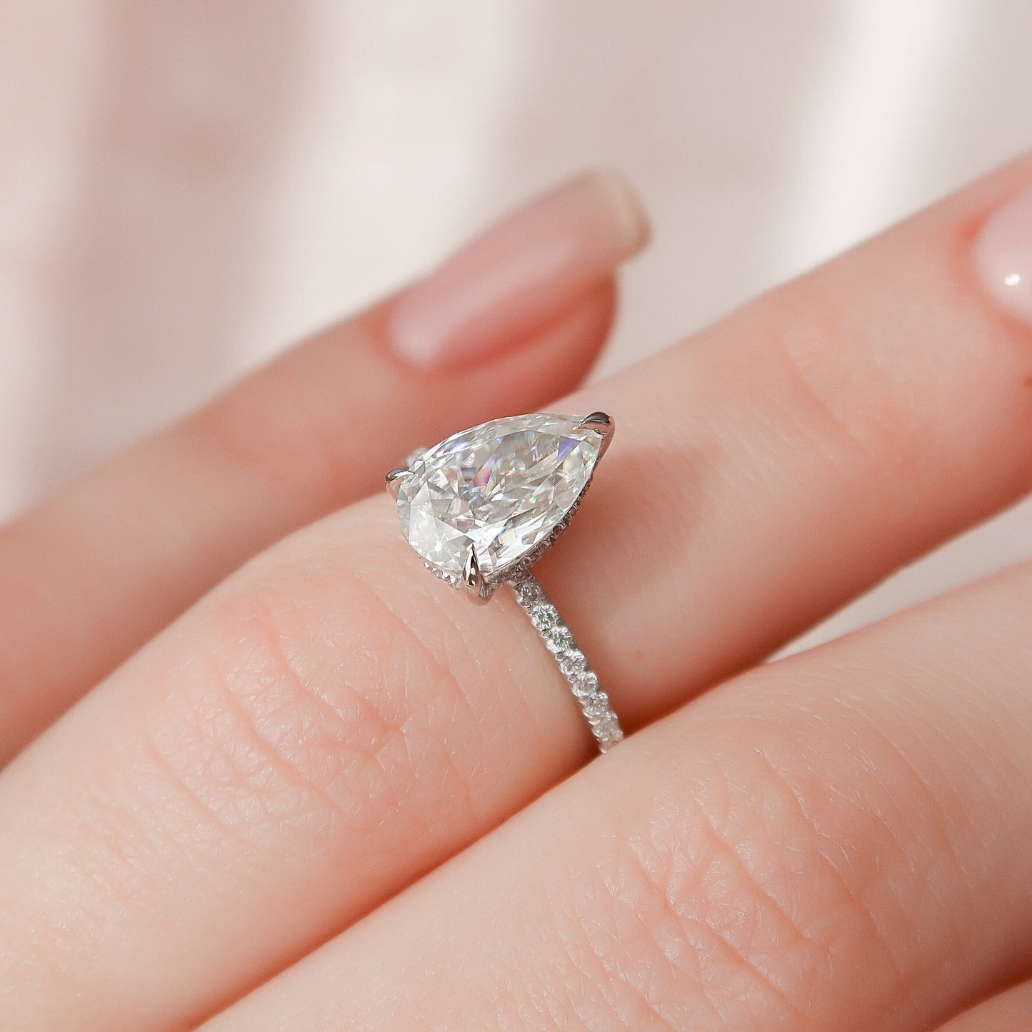 1.50CT Pear Cut Moissanite Hidden Halo Solitaire Engagement Ring