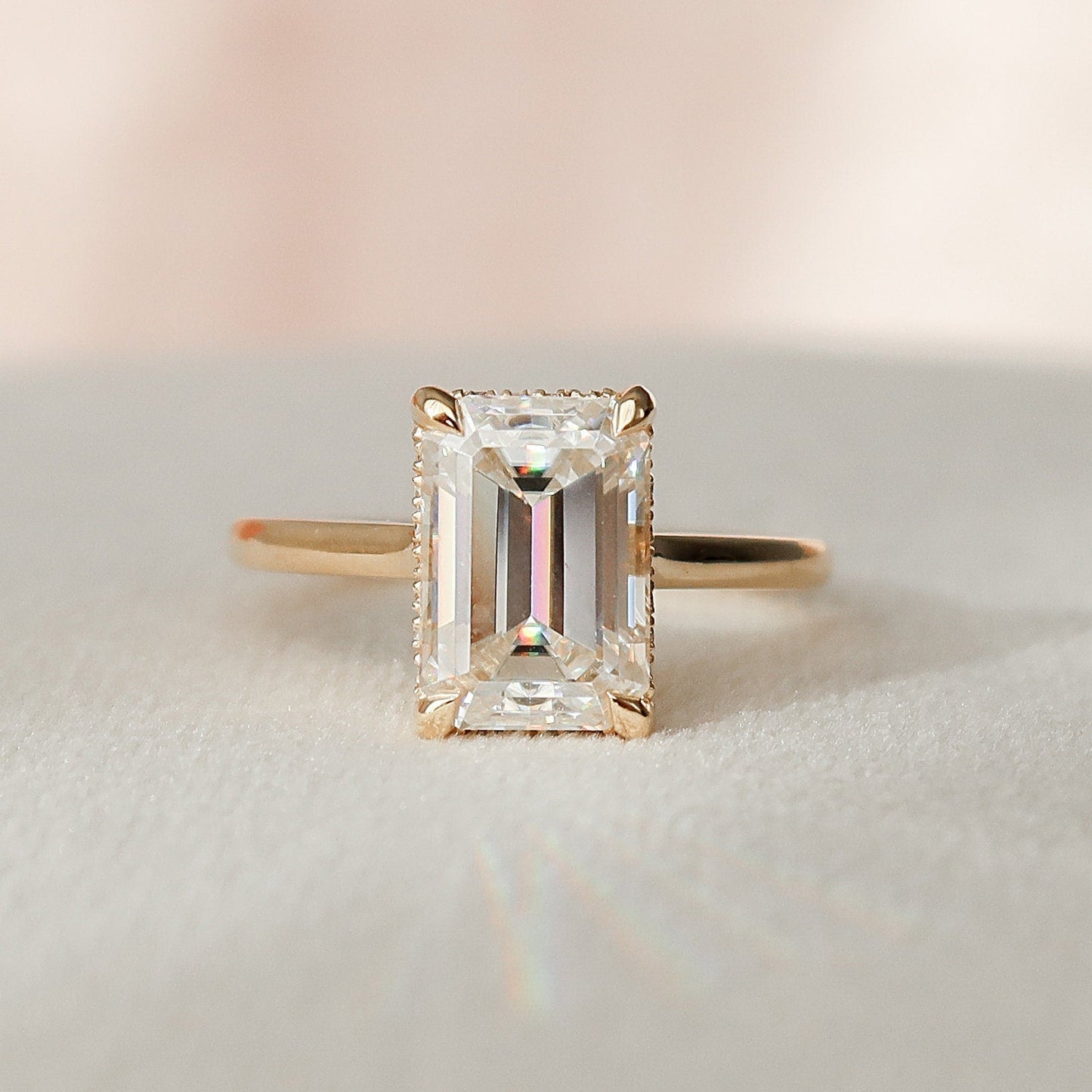 2.0CT Emerald Cut Moissanite Hidden Halo Engagement Ring