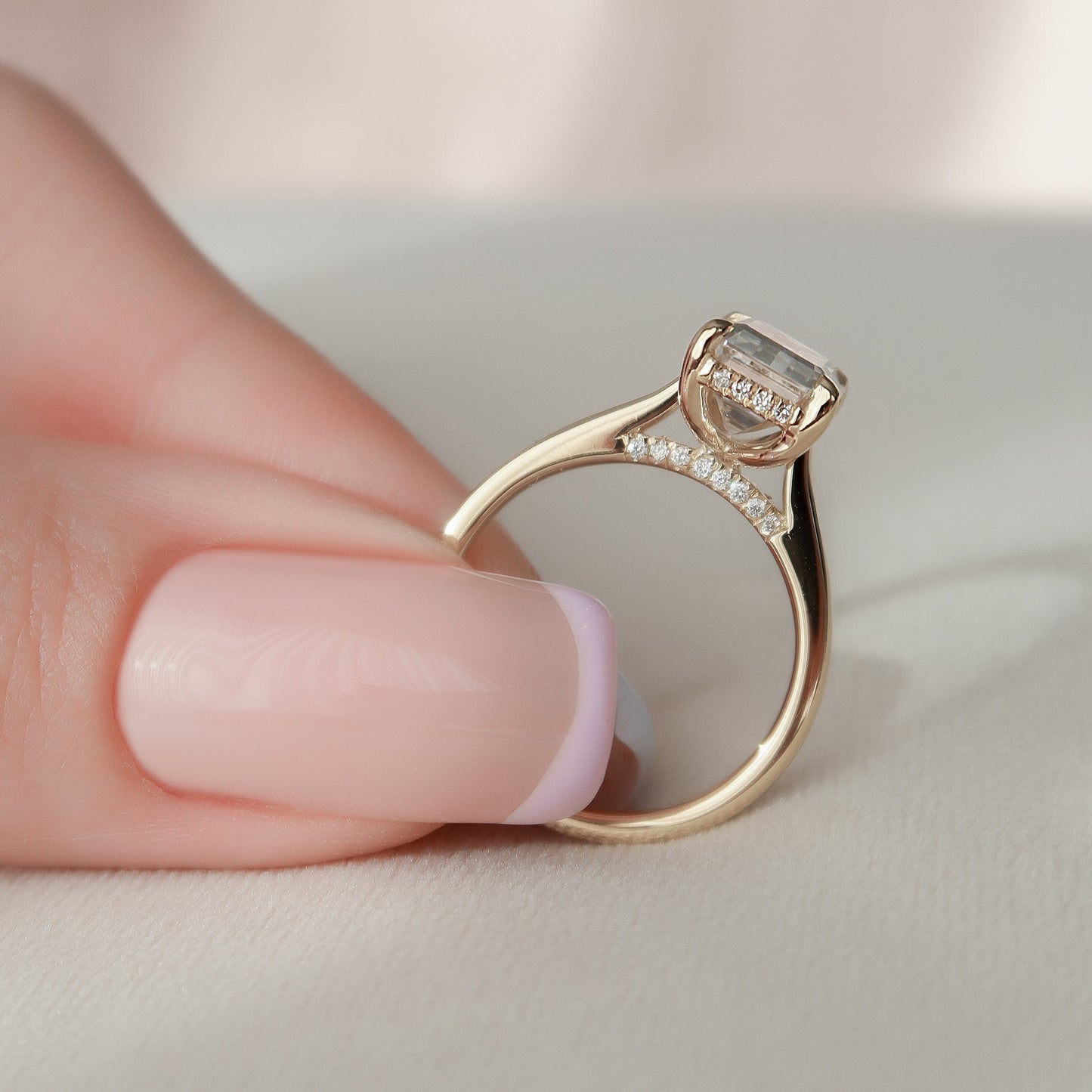 2.0CT Emerald Cut Moissanite Hidden Halo Engagement Ring