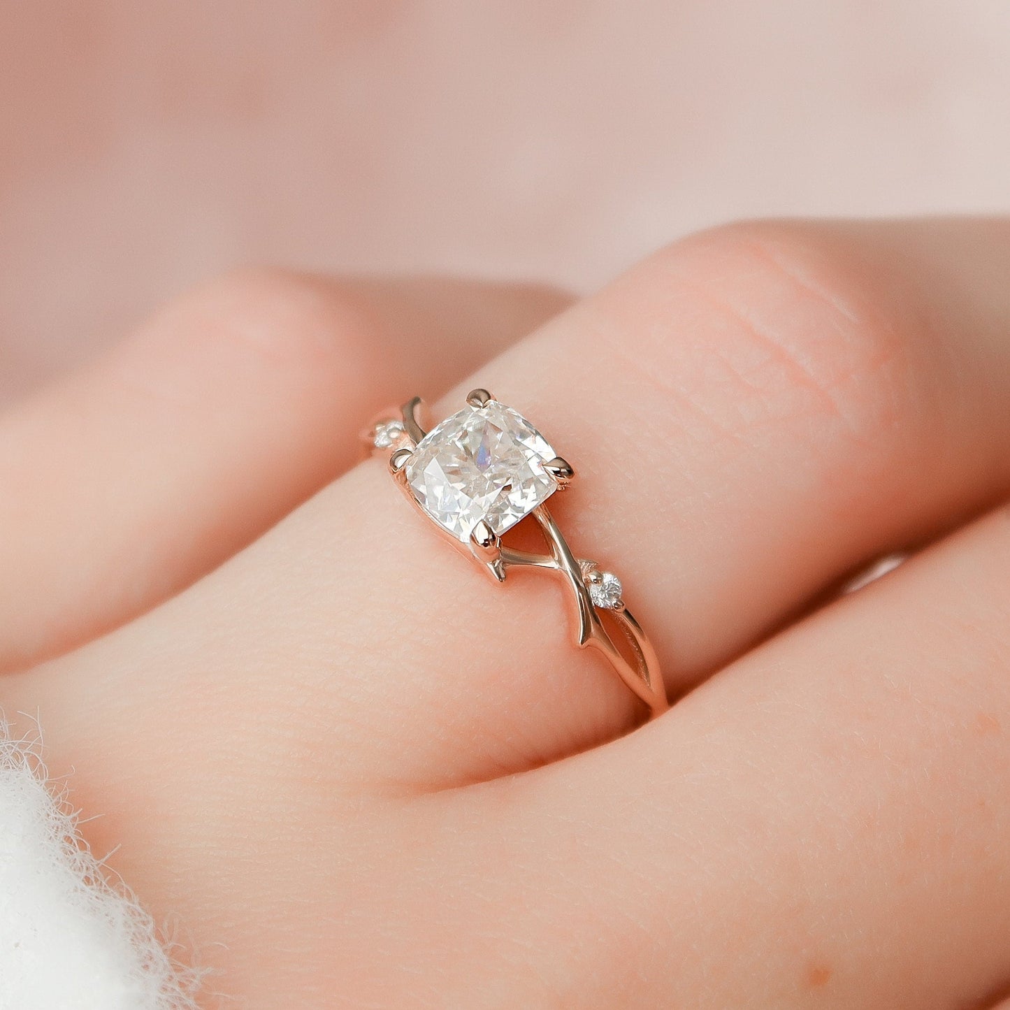 1.0CT Cushion Cut Twig Branch Moissanite Diamond Engagement Ring