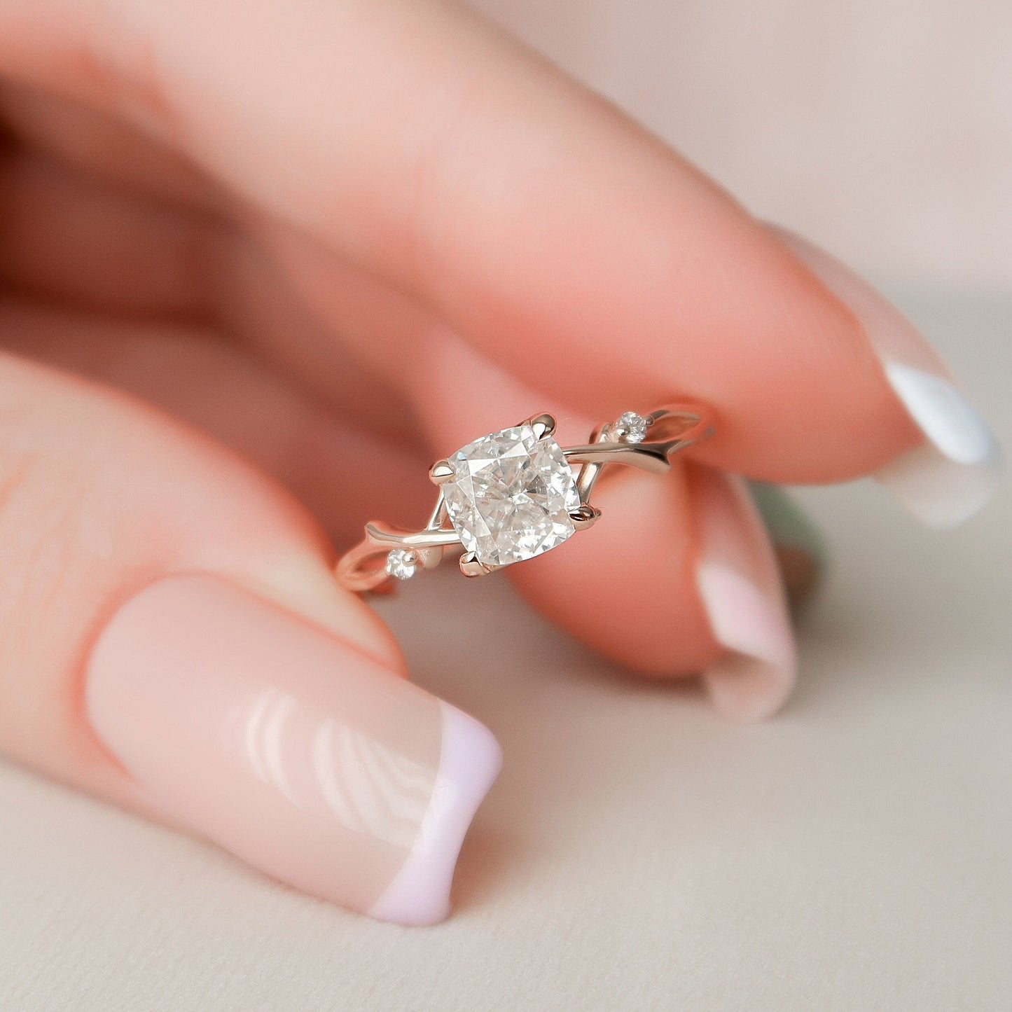 1.0CT Cushion Cut Twig Branch Moissanite Diamond Engagement Ring