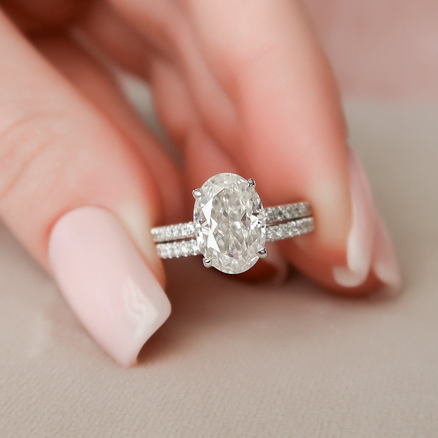 2.50CT Oval Cut Moissanite Hidden Halo Eternity Bridal Engagement Ring Set
