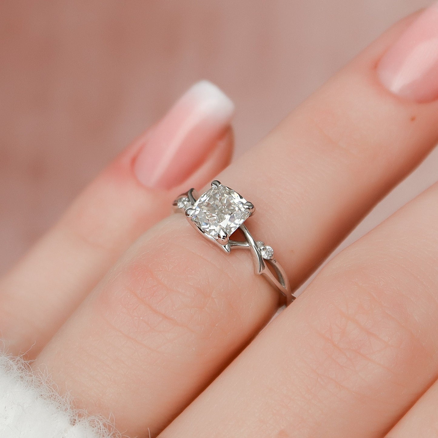 1.0CT Cushion Cut Twig Branch Moissanite Diamond Engagement Ring