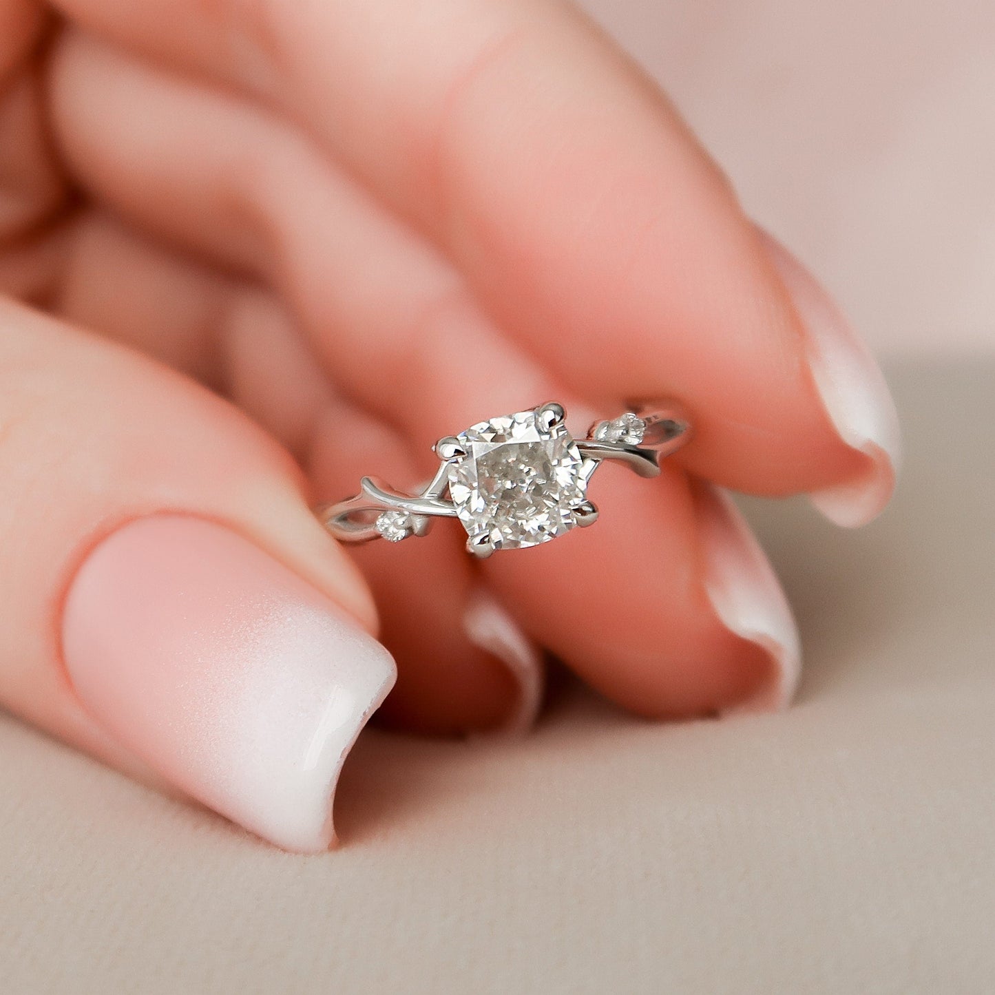 1.0CT Cushion Cut Twig Branch Moissanite Diamond Engagement Ring