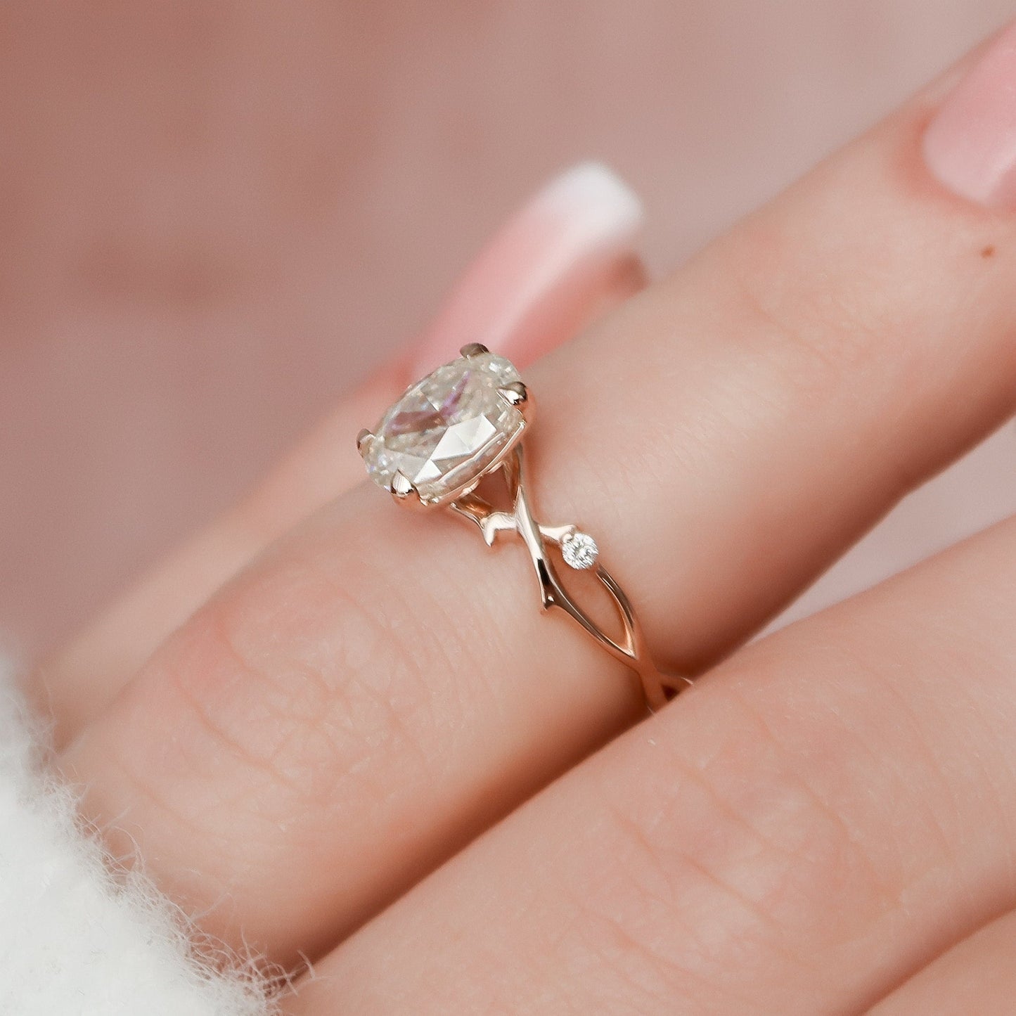 1.0CT Oval Cut Twig Moissanite Nature Inspired Diamond Engagement Ring