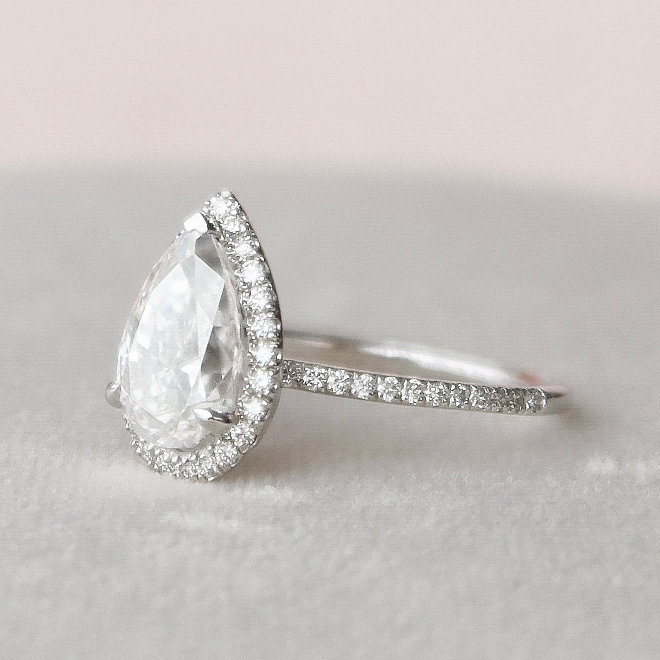 2.0CT Pear Shaped Halo Moissanite Diamond Engagement Ring