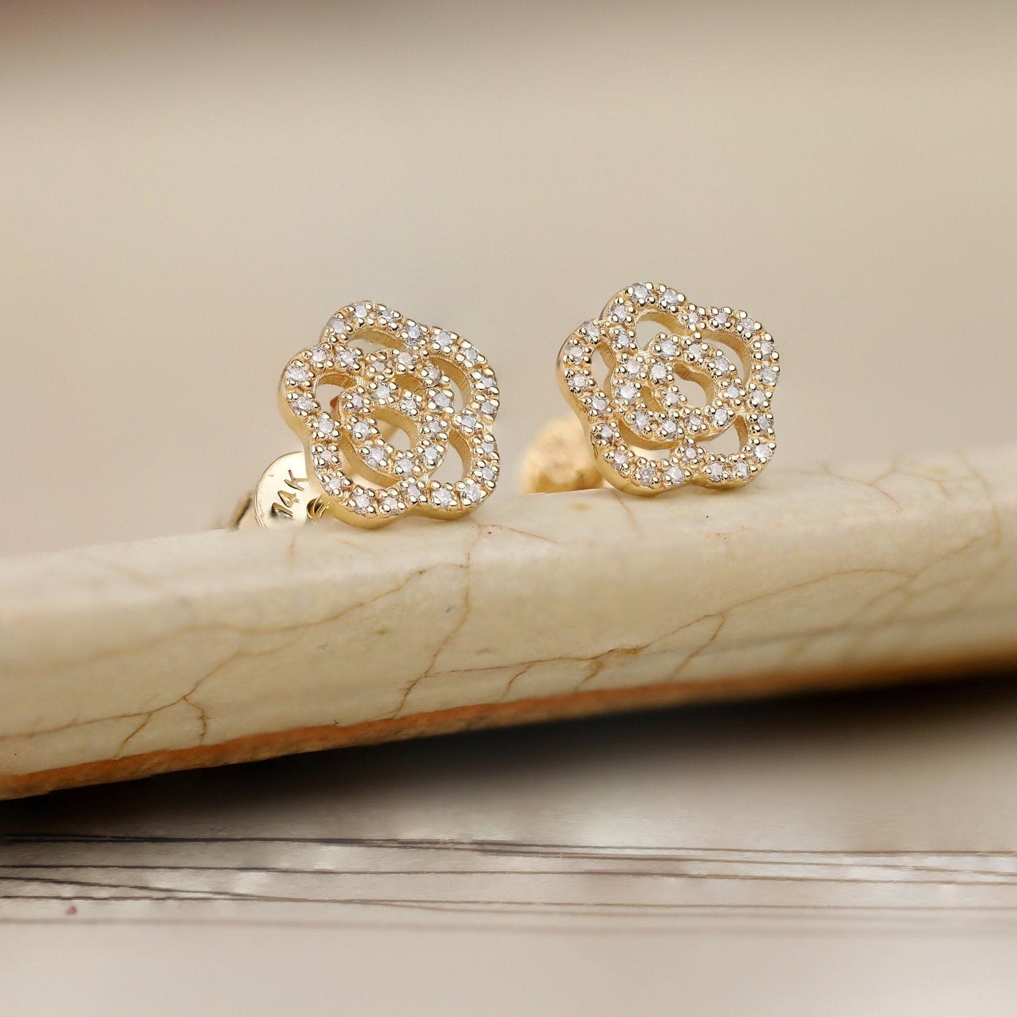 0.32CT Round Floral Moissanite Diamond Stud Earrings in Solid Gold