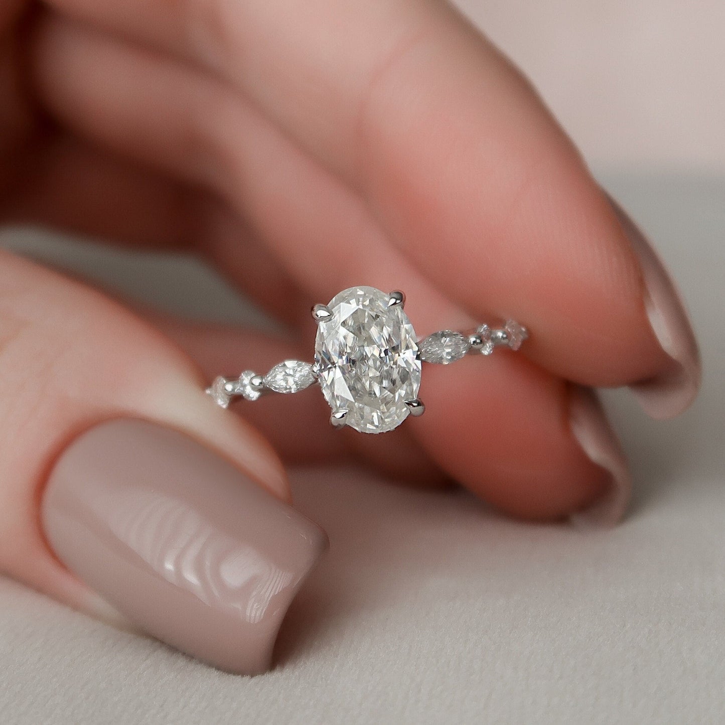 1.50CT Oval Cut Hidden Halo Moissanite Petite Pave Engagement Ring