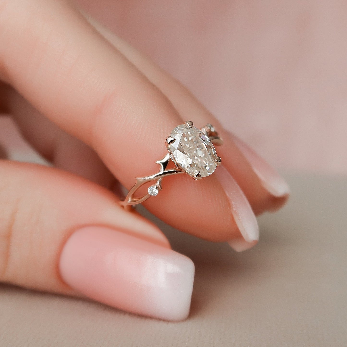 1.0CT Oval Cut Twig Moissanite Nature Inspired Diamond Engagement Ring