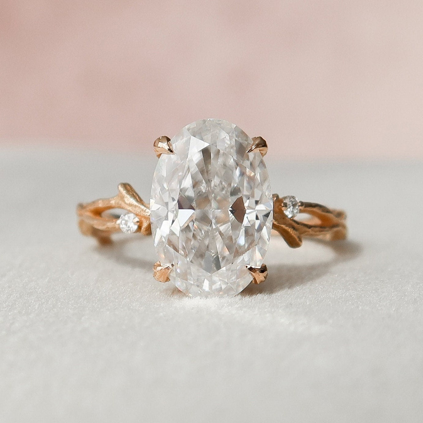 3.50CT Elongated Oval Cut Twig Moissanite Diamond Engagement Ring