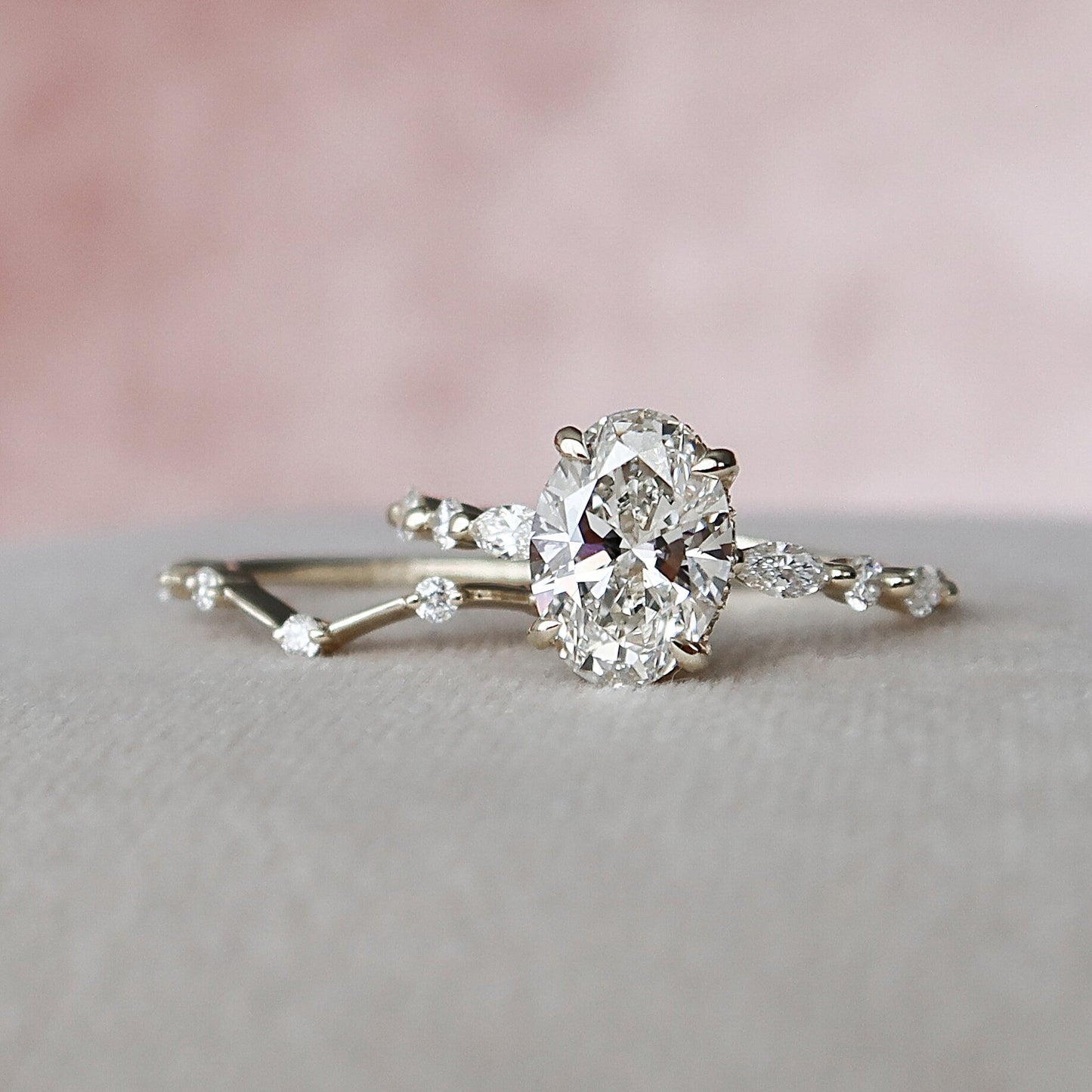 2.0CT Oval Cut Moissanite Hidden Halo Eternity Bridal Engagement Ring Set