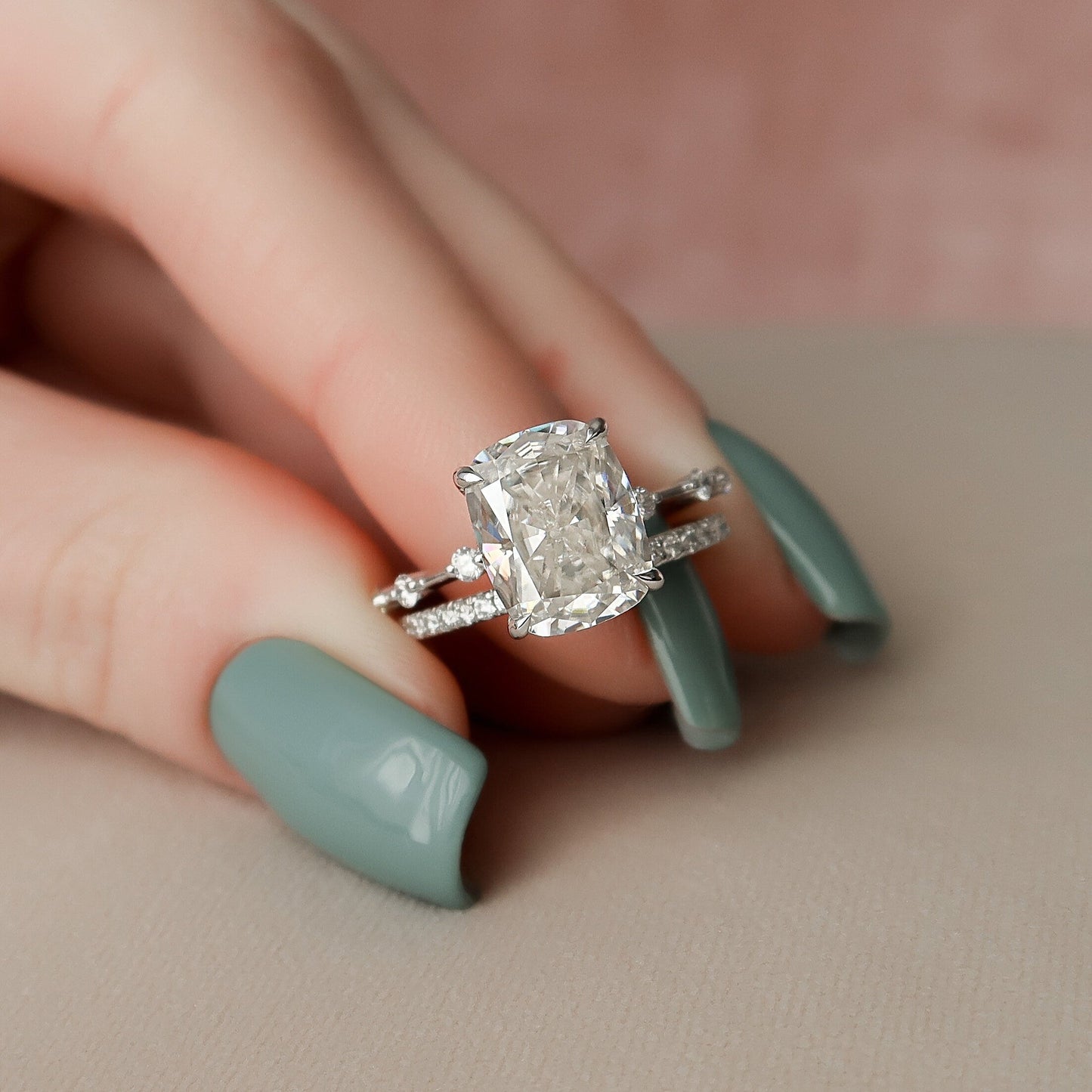 5.0CT Cushion Cut Moissanite Diamond Halo Bridal Engagement Ring Set