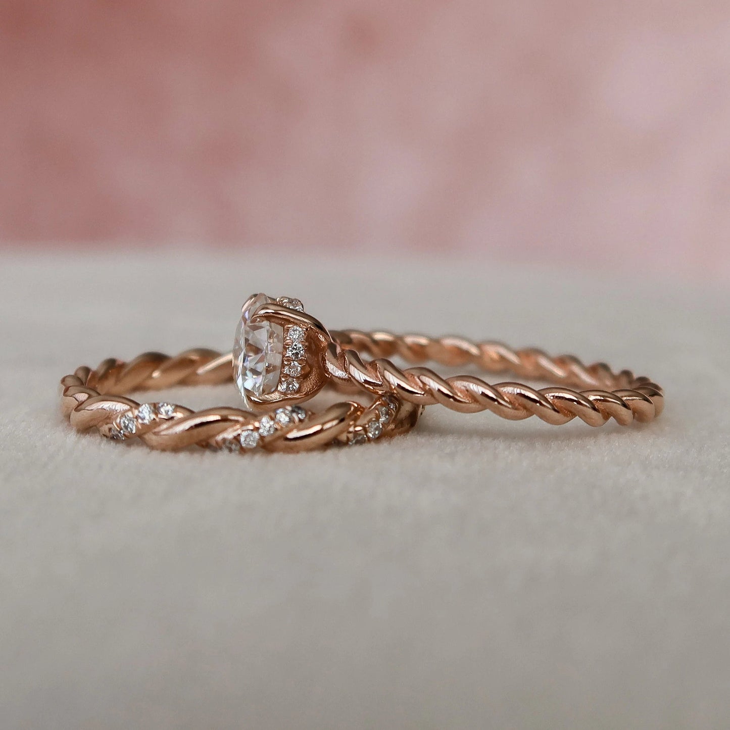 1.0CT Round Cut Moissanite Braided Halo Bridal Engagement Ring Set
