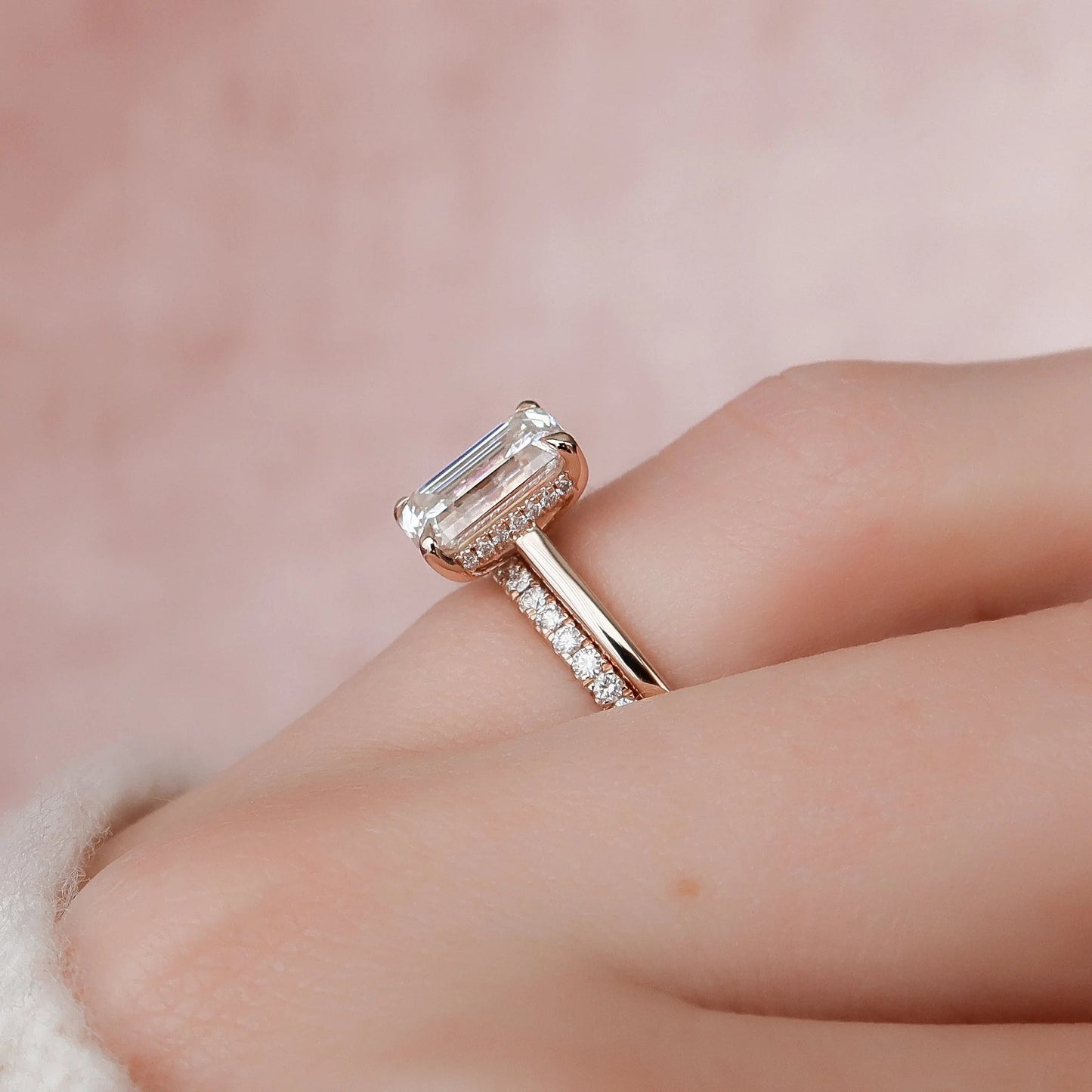 3.0CT Emerald Cut Moissanite Halo Bridal Engagement Ring Set
