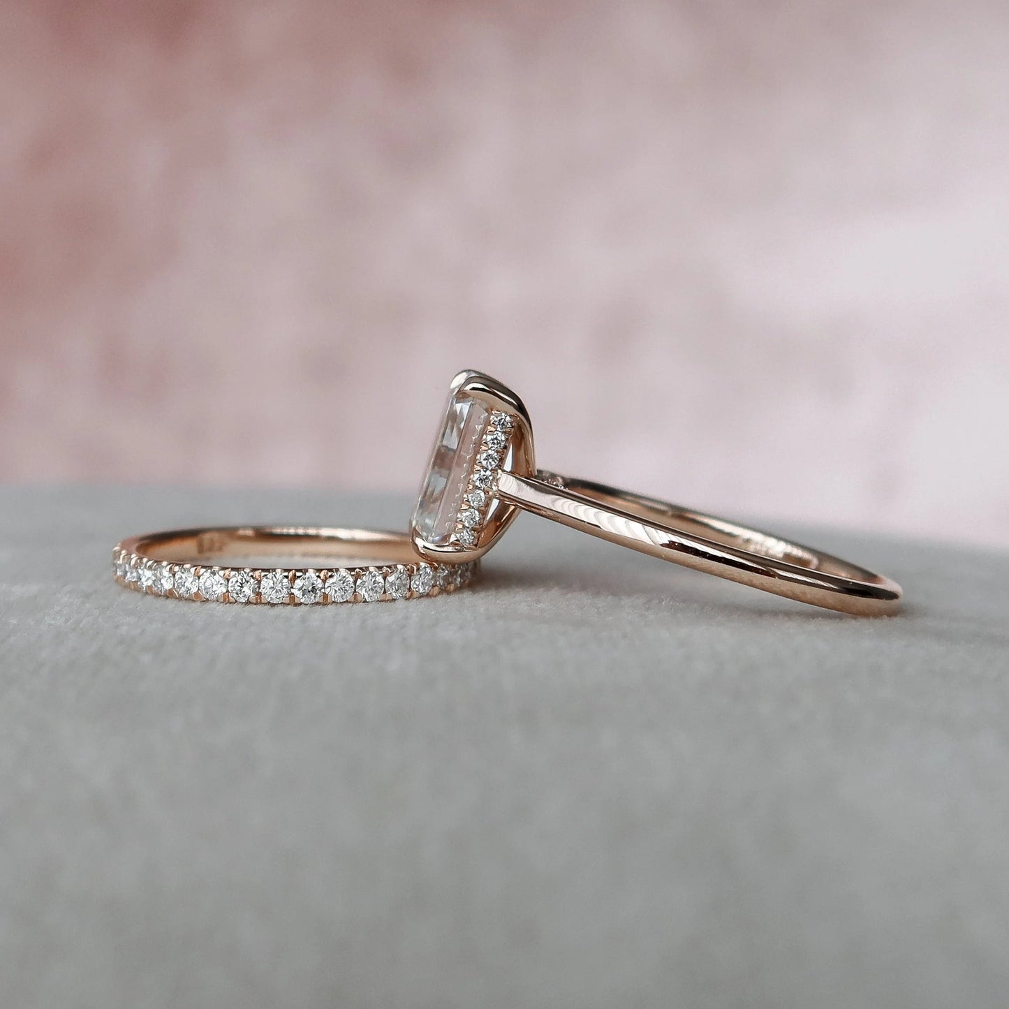 3.0CT Emerald Cut Moissanite Halo Bridal Engagement Ring Set