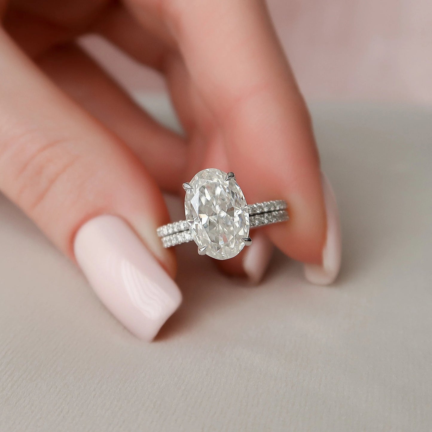 3.50CT Oval Cut Moissanite Hidden Halo Bridal Engagement Ring Set
