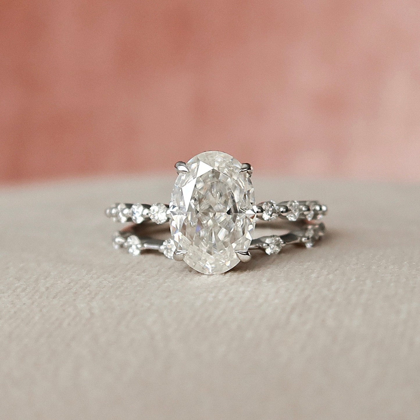 2.5CT Oval Cut Moissanite Halo Eternity Bridal Engagement Ring Set