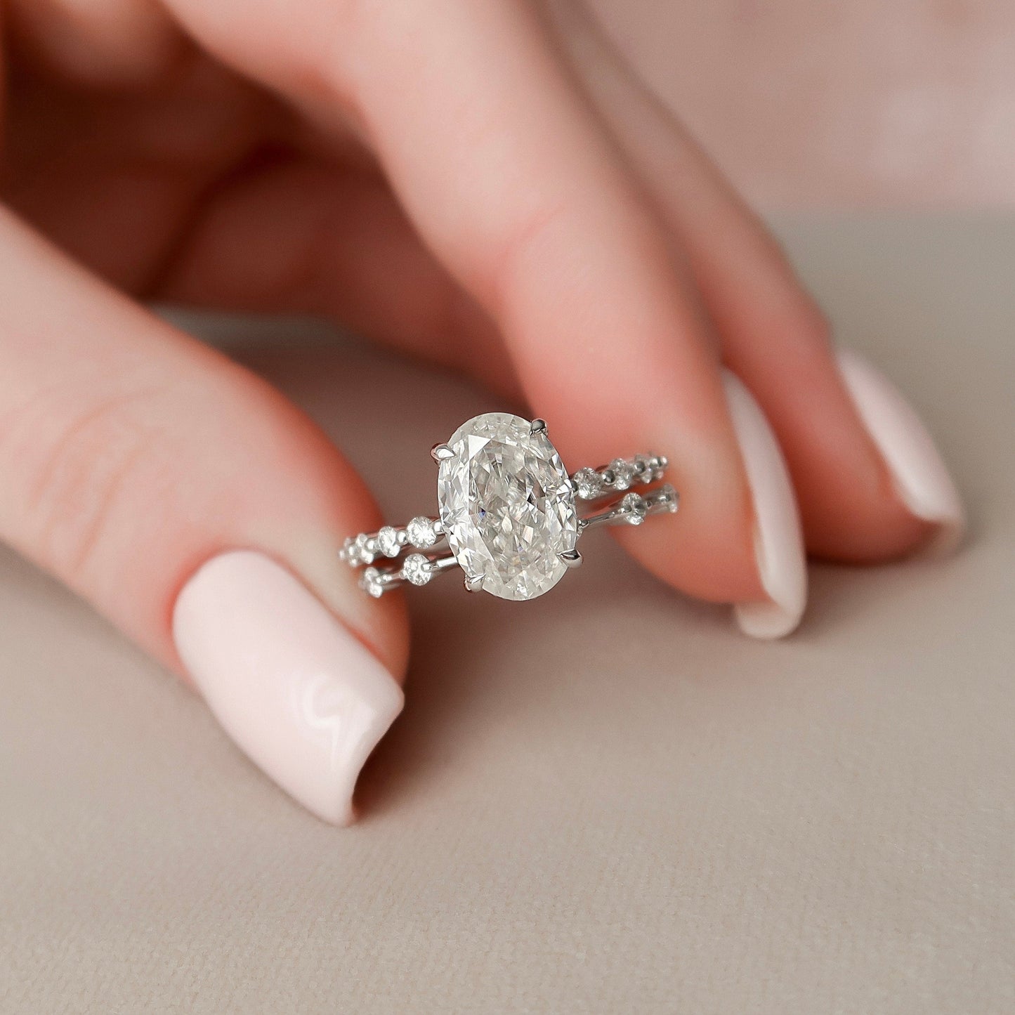 2.5CT Oval Cut Moissanite Halo Eternity Bridal Engagement Ring Set