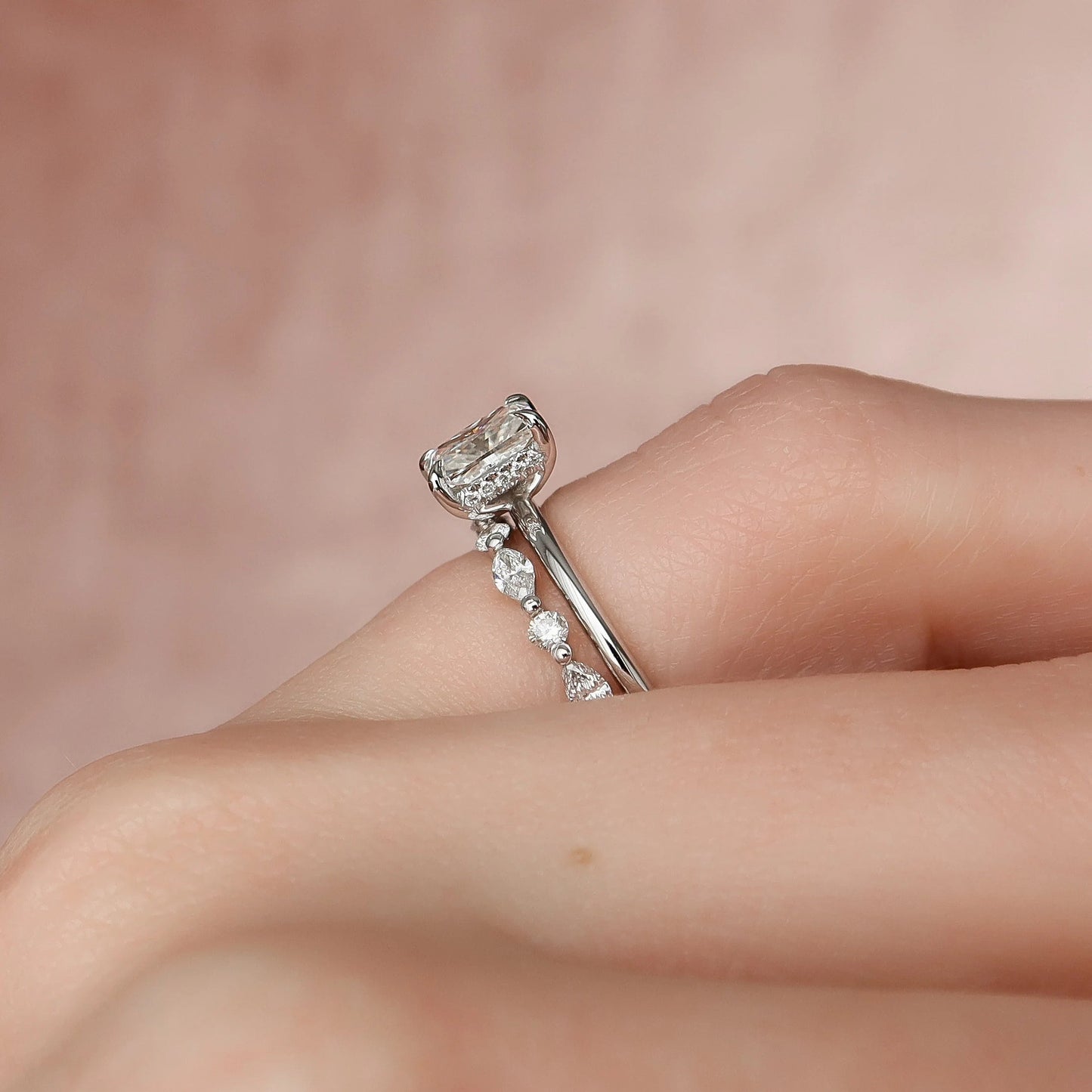 1.0CT Radiant Cut Moissanite Hidden Halo Bridal Engagement Ring Set