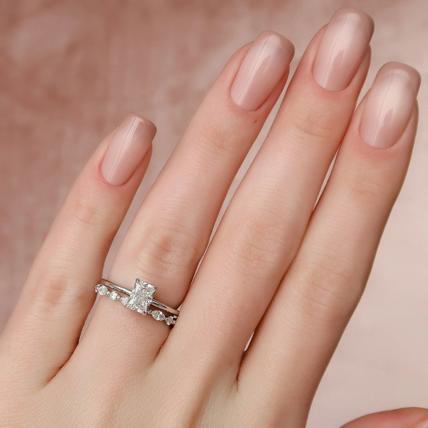 1.0CT Radiant Cut Moissanite Hidden Halo Bridal Engagement Ring Set