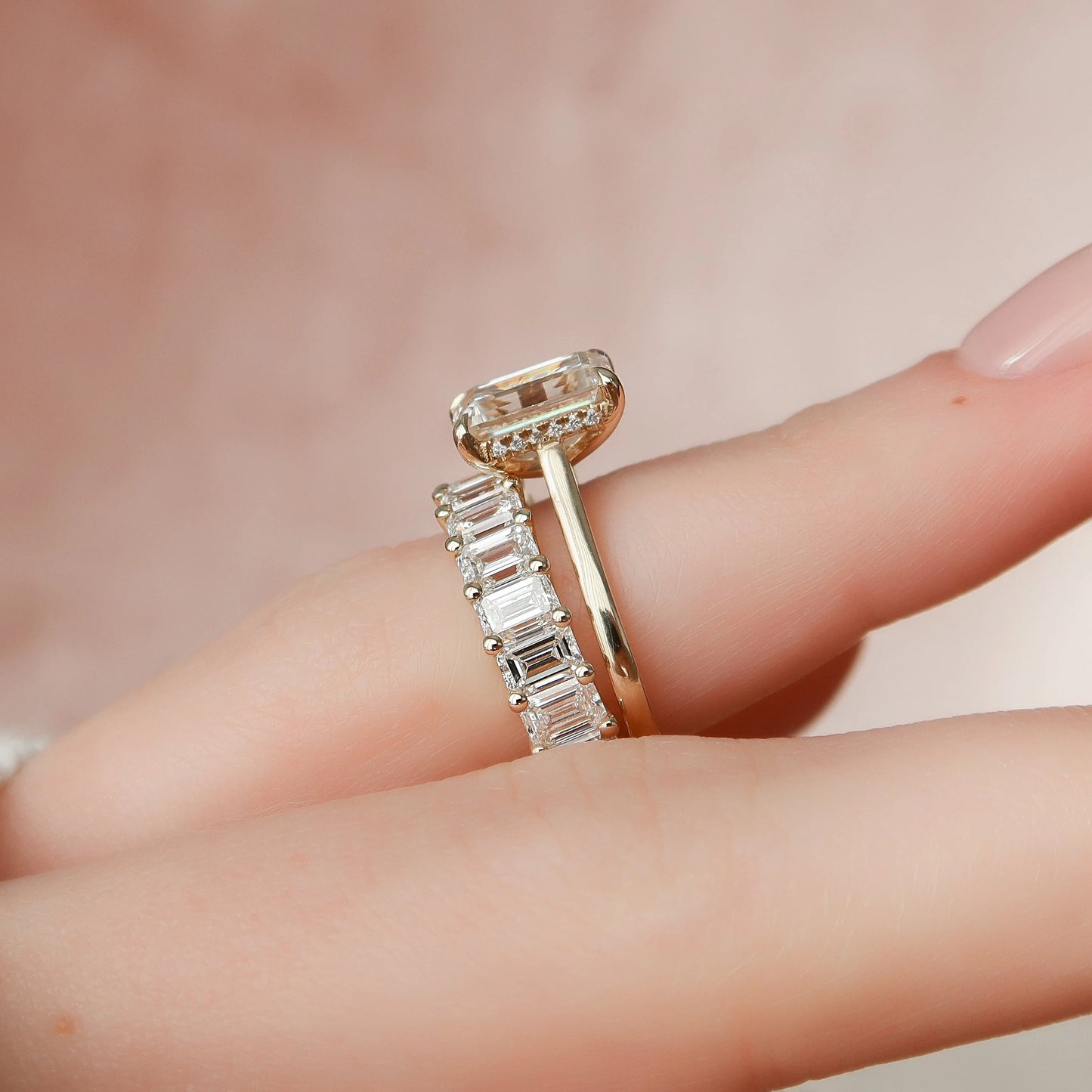 2.0CT Emerald Cut Moissanite Solitaire Hidden Halo Bridal Engagement Ring Set